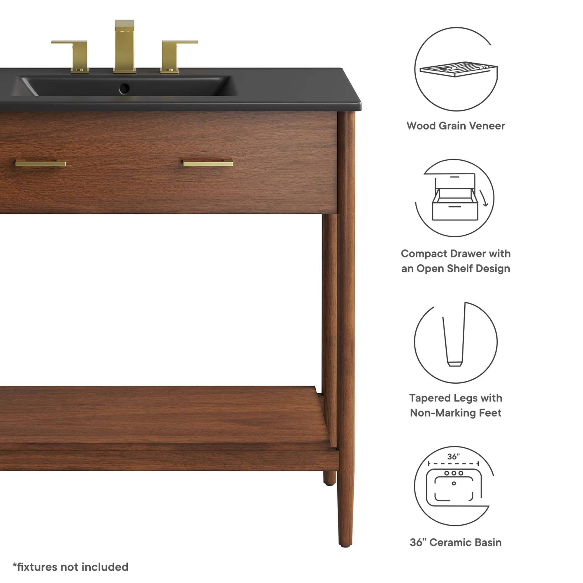 Wood Grain Veneer Compact Drawer with an Open Shelf Design  
Tapered Legs with Non-Marking Feet  
36" Ceramic Basin  
*fixtures not included