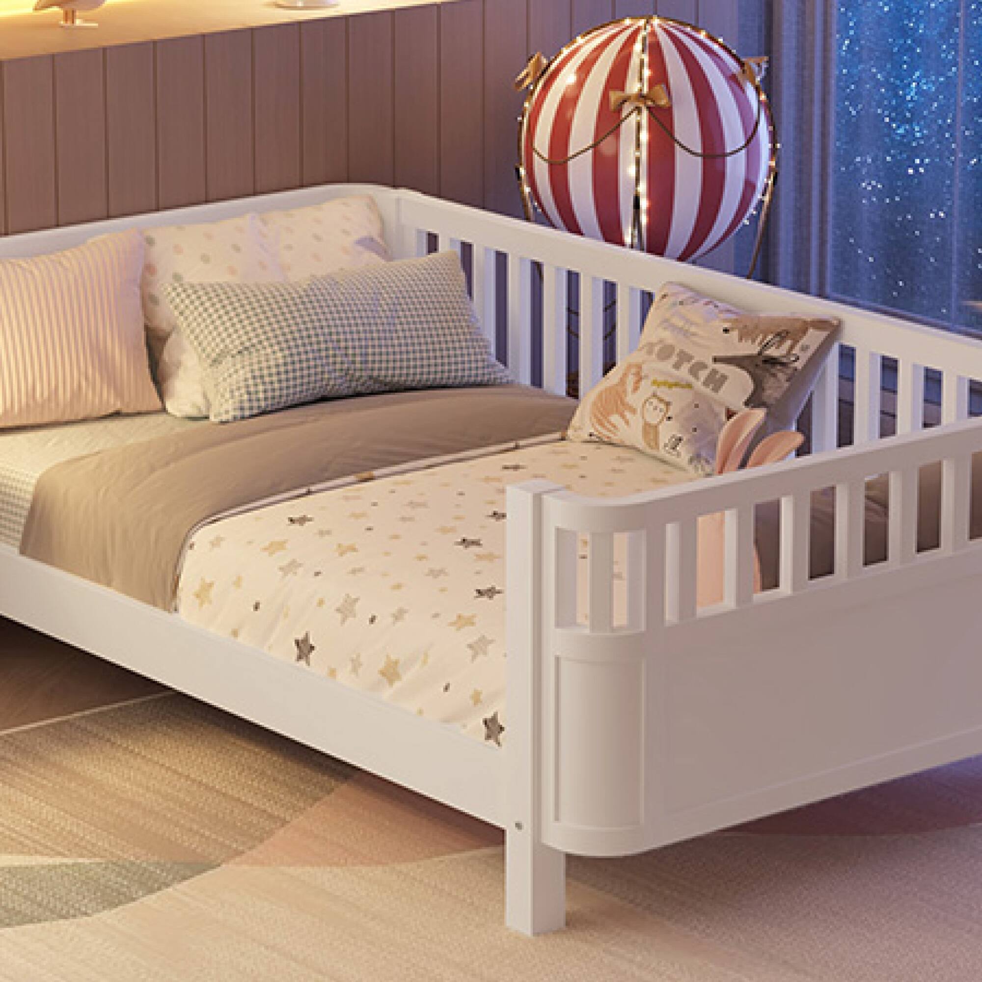 Alt View 10. GOODSILO - Twin Size Wood Platform Bed for Children with Safety Rails and Low Profile Design - White.