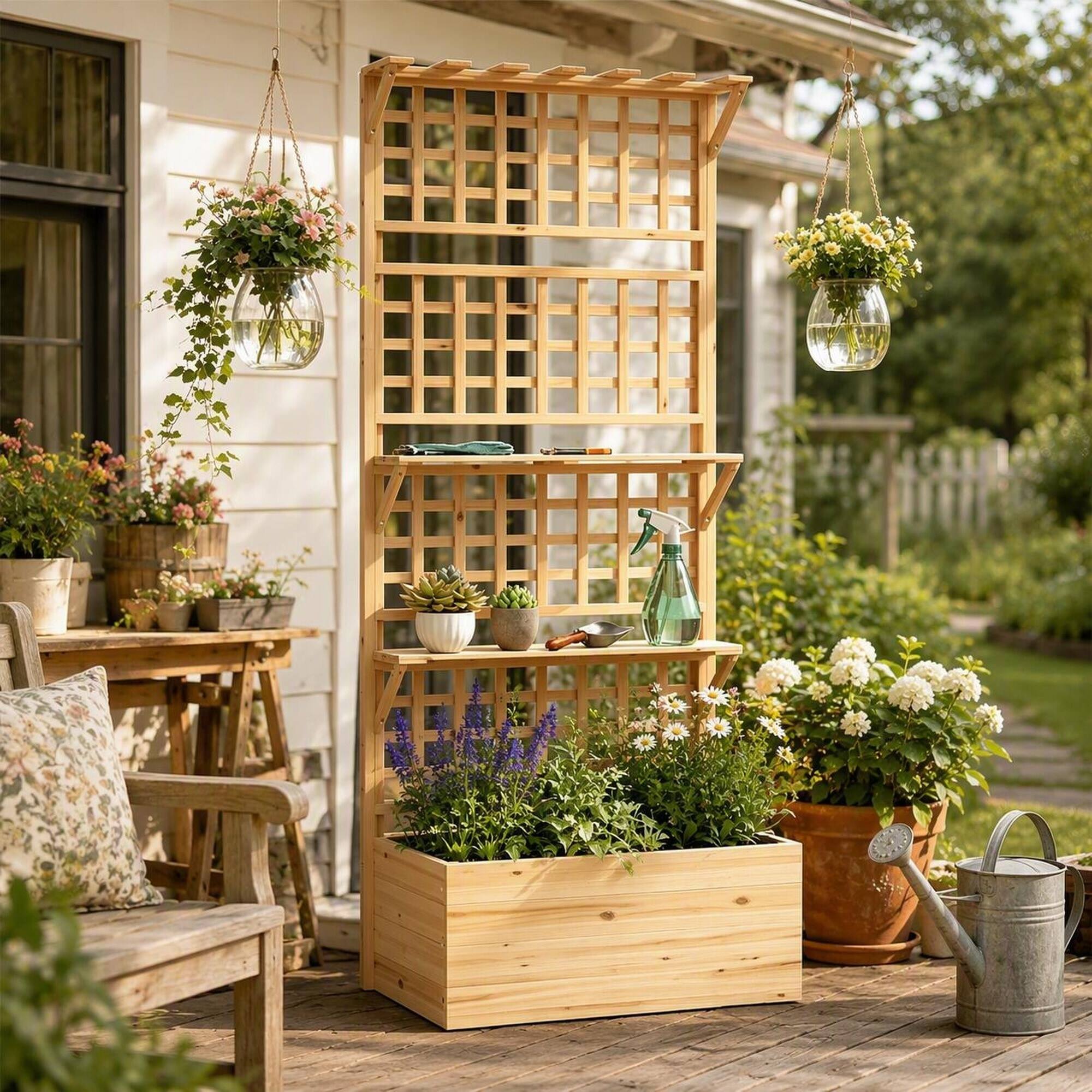 Left. RYHNUYNE - Wooden Raised Garden Bed with Trellis and Storage Shelves, Fir Wood Planter Box for Climbing Plants, Natural - Natural Wood.