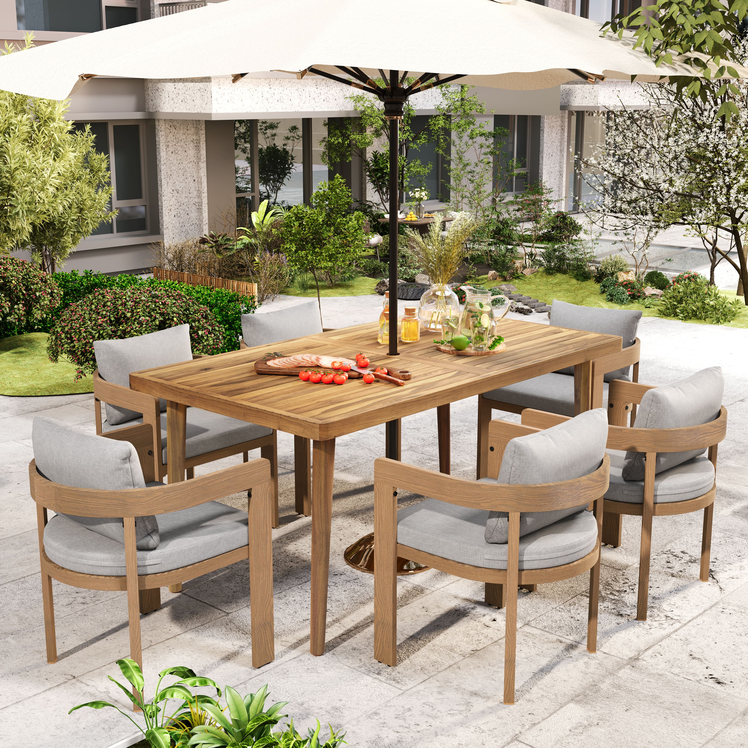 Mondawe - 7 Pieces Outdoor Patio Dining Set,6 Aluminum Dining Chair with Cushion and 1 Acacia Wood Dining Table - Teak+Light Gray