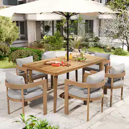 Mondawe - 7 Pieces Outdoor Patio Dining Set,6 Aluminum Dining Chair with Cushion and 1 Acacia Wood Dining Table - Teak+Light Gray