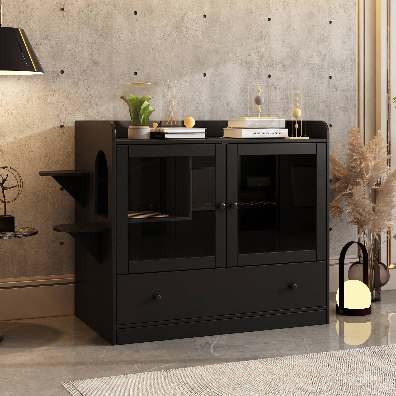 Back. Famapy - Luxury Black Cat Cabinet with Hidden Litter Box, Climbing Shelves & Storage – Modern Multi-Functional Cat Furniture.