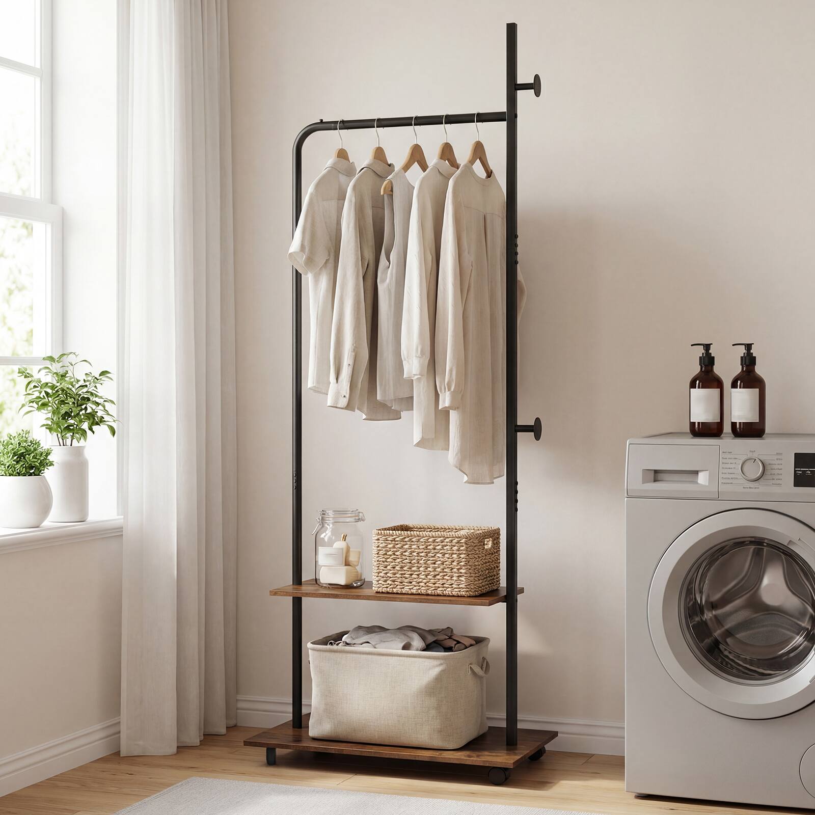 Alt View 3. Costway - Costway Freestanding Clothing Rack with Wheels, Wooden Garment Rack with Hanging Rod - Rustic Brown+ Black.