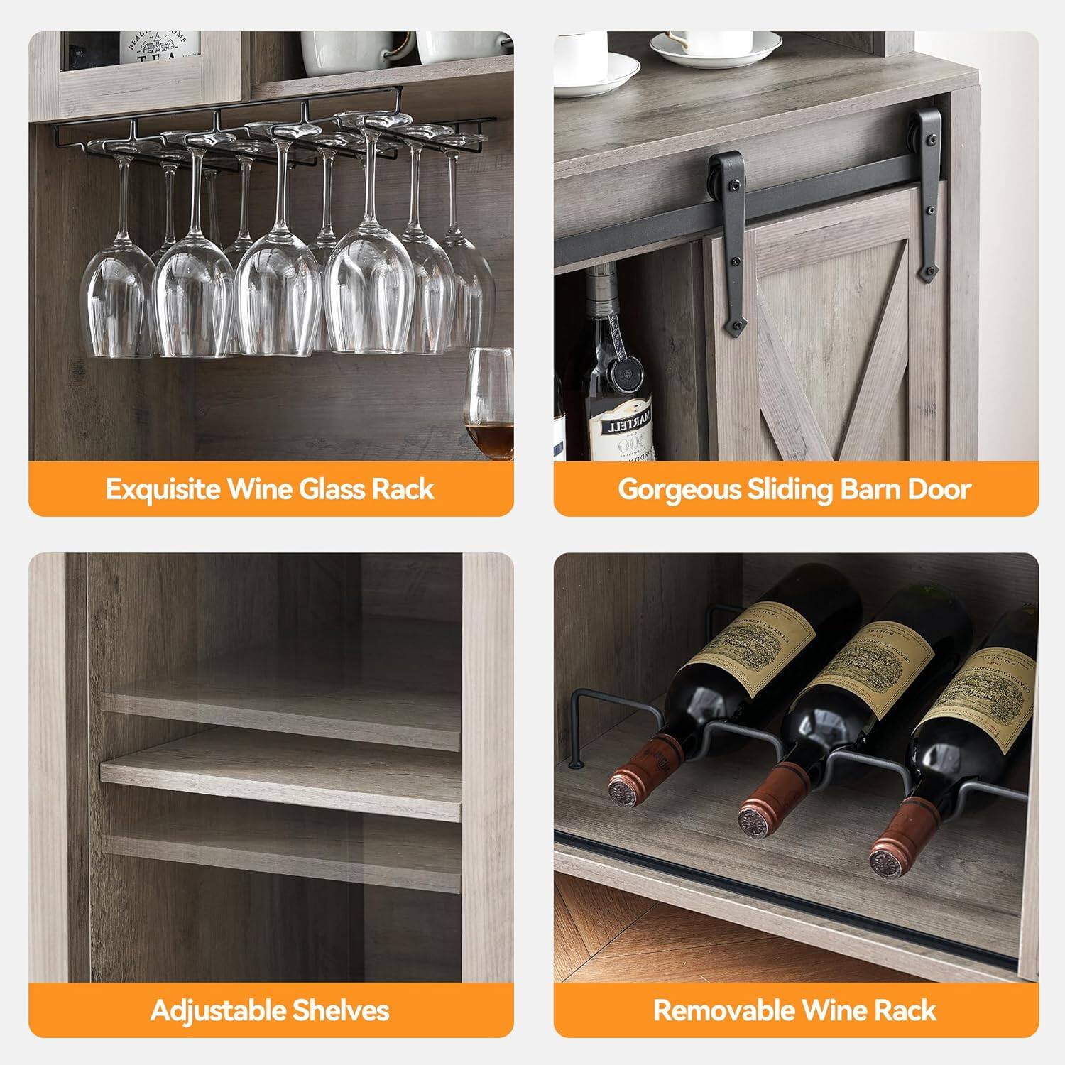 Exquisite Wine Glass Rack  
Gorgeous Sliding Barn Door  
Adjustable Shelves  
Removable Wine Rack