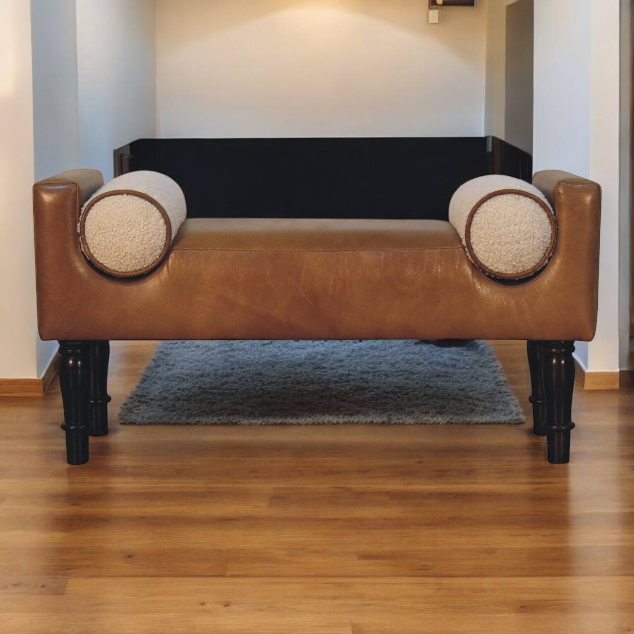Angle. Artisan Furniture - Artisan Furniture Solid Wood Chester Buffalo Bench, Upholstered, Brown & Cream - Brown & Cream.