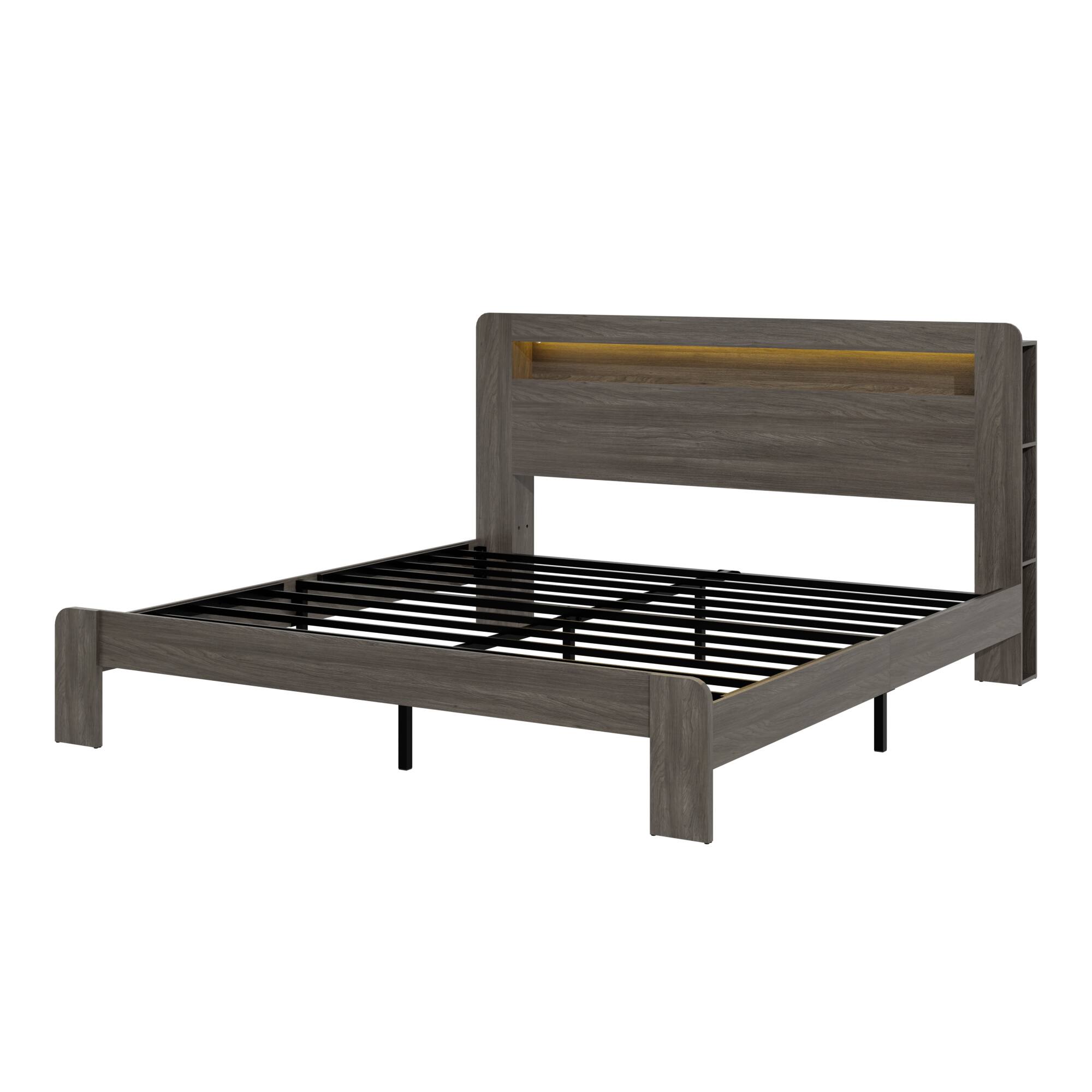 Alt View 2. LUCKY ONE - King Size Bed Frame with Storage LED Light Headboard and 2 USB - Dawn Grey.
