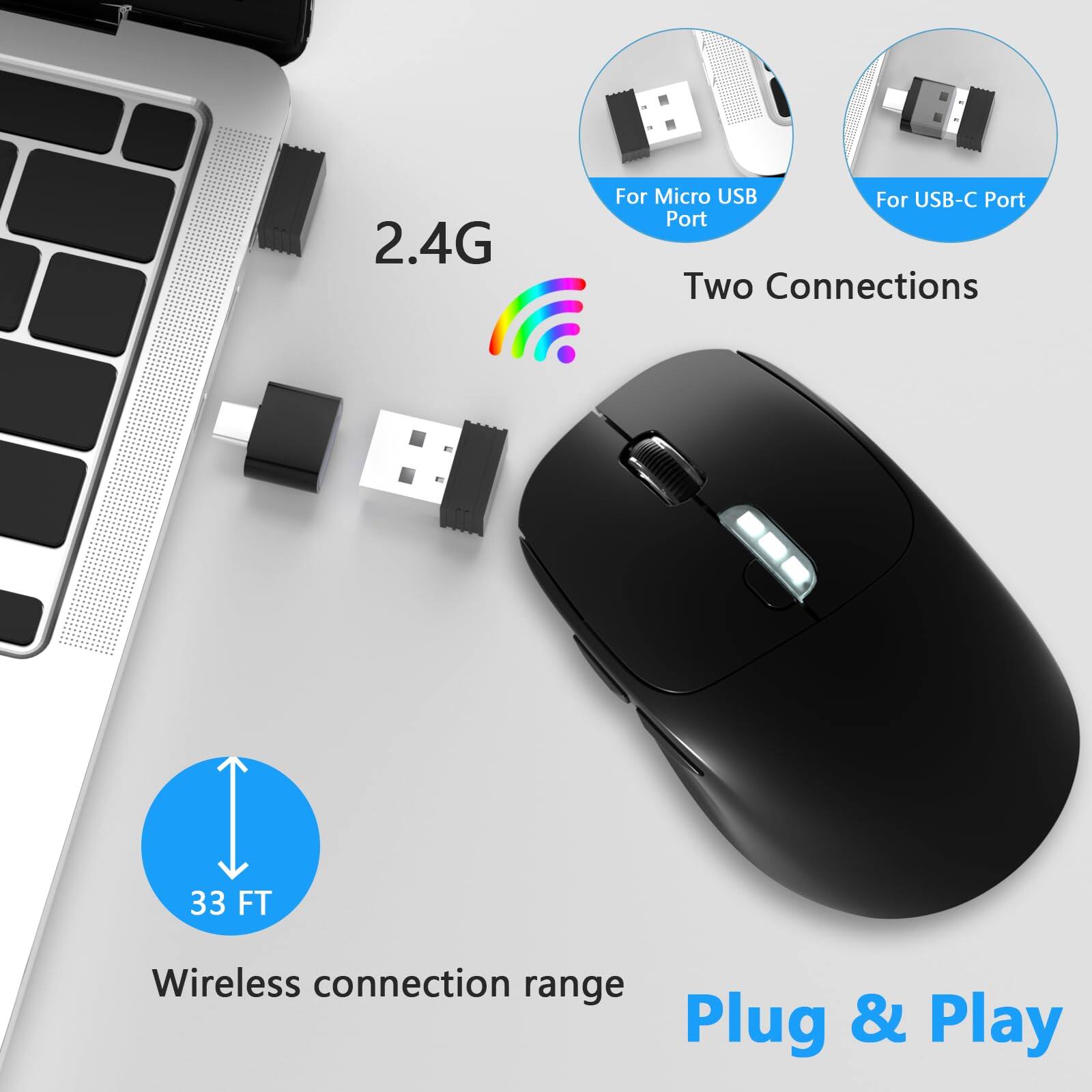 2.4G  
Two Connections  
For Micro USB Port  
For USB-C Port  
33 FT Wireless connection range  
Plug & Play