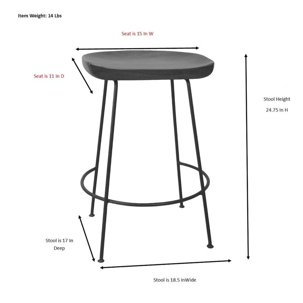 Item Weight: 14 Lbs  
Seat is 15 In W  
Seat is 11 In D  
Stool Height: 24.75 In H  
Stool is 17 In Deep  
Stool is 18.5 In Wide