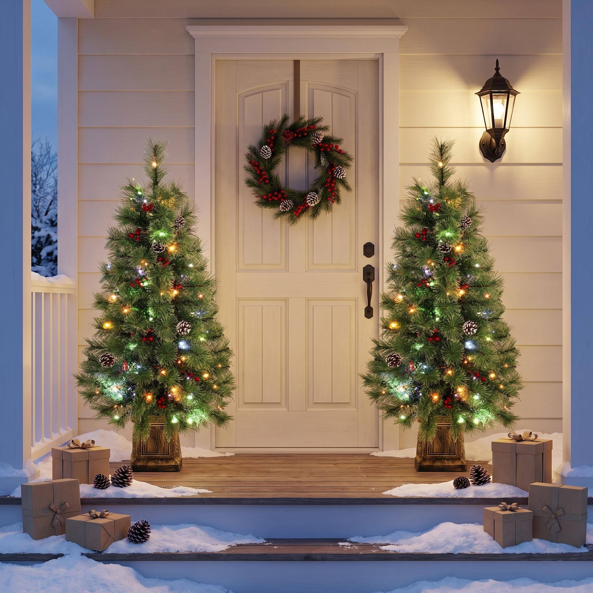 Angle. Forest'nSky - 4 ft . Pre-Lit Green Artificial Pine Christmas Trees with Dual-Color LED Lights and Remote Set of 2 - Green.
