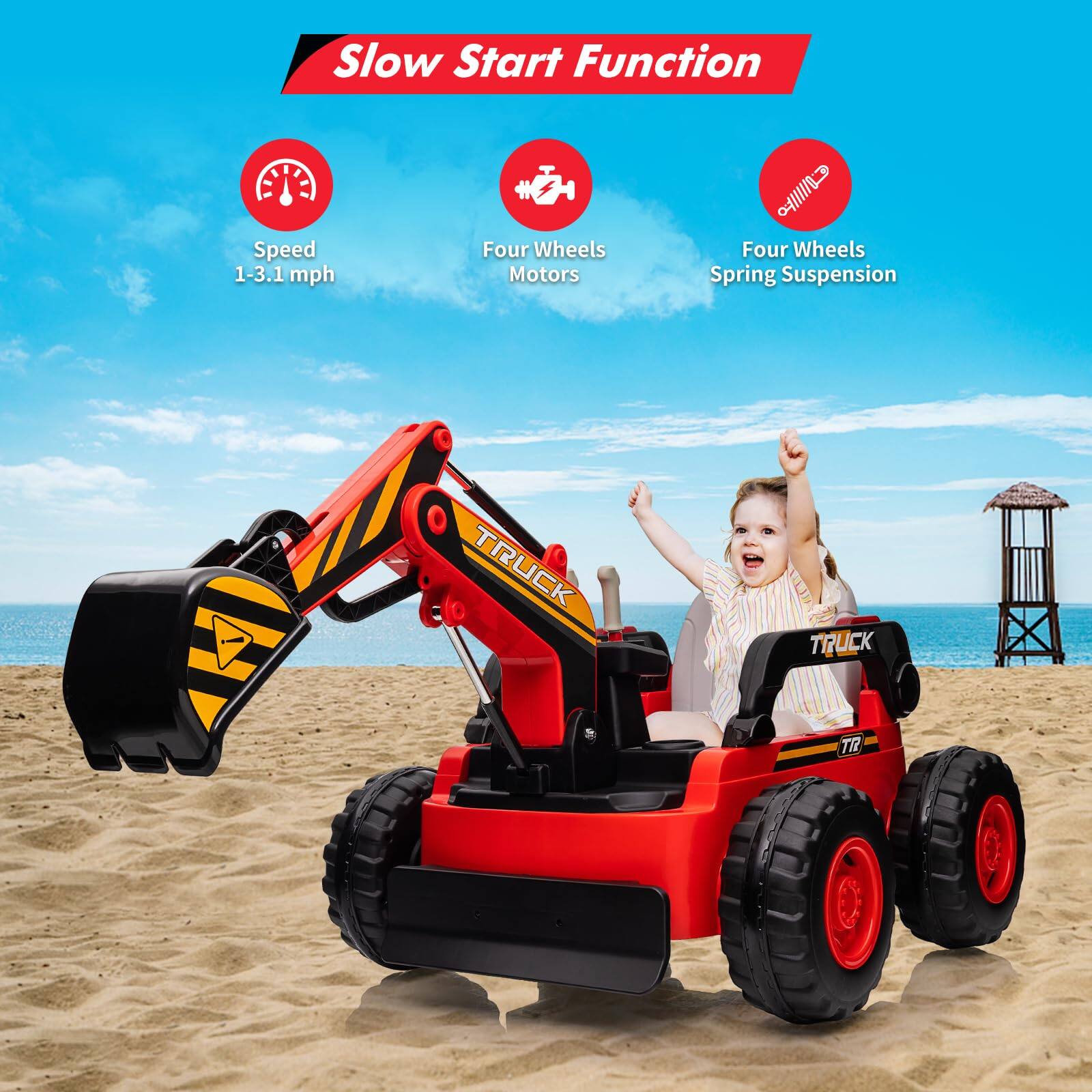 Slow Start Function

- Speed: 1-3.1 mph
- Four Wheels Motors
- Four Wheels Spring Suspension