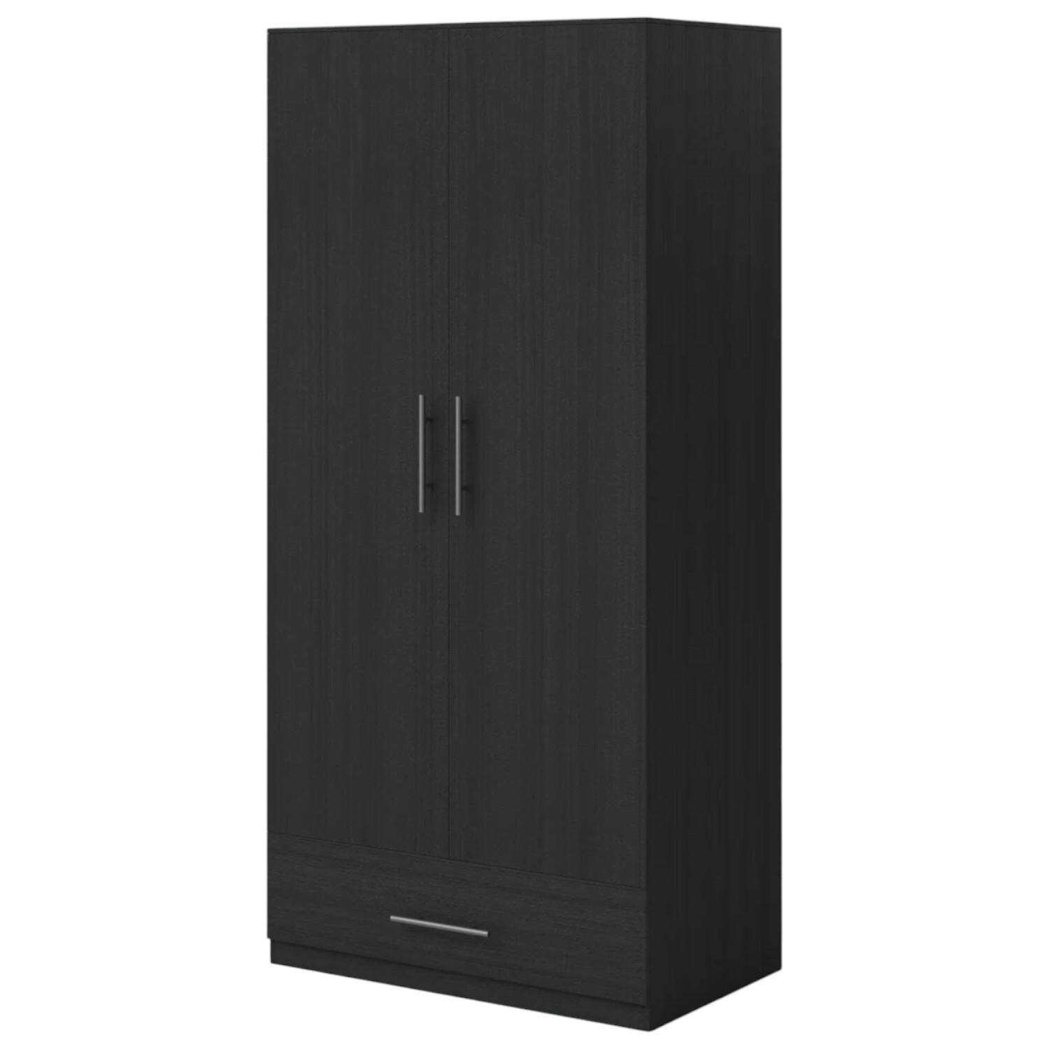 Front. SlickBlue - Modern Armoire Wardrobe Closet with Storage Drawer in Wood Finish - Black.