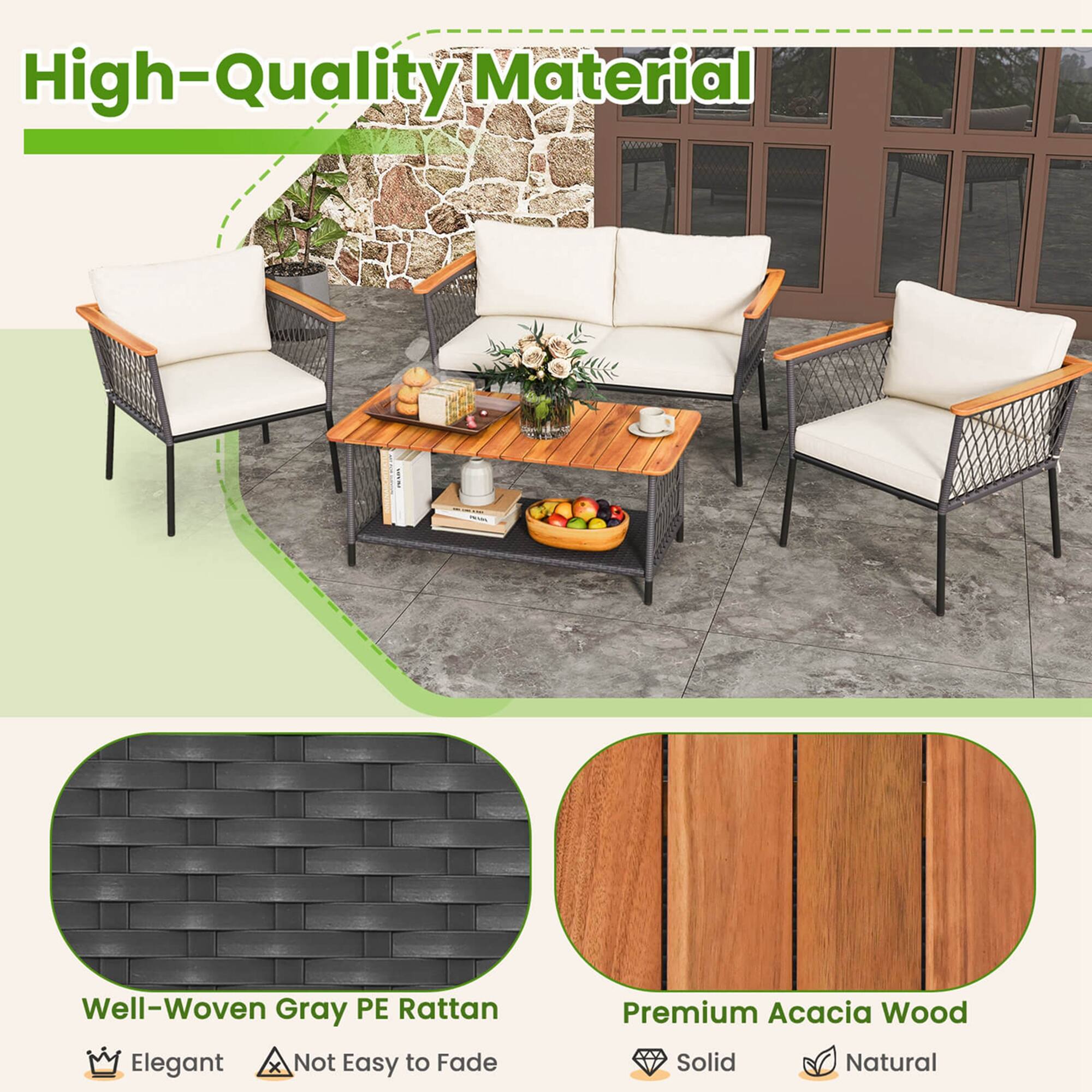 High-Quality Material Well-Woven Gray PE Rattan Elegant x Not Easy to Fade Premium Acacia Wood Solid Natural