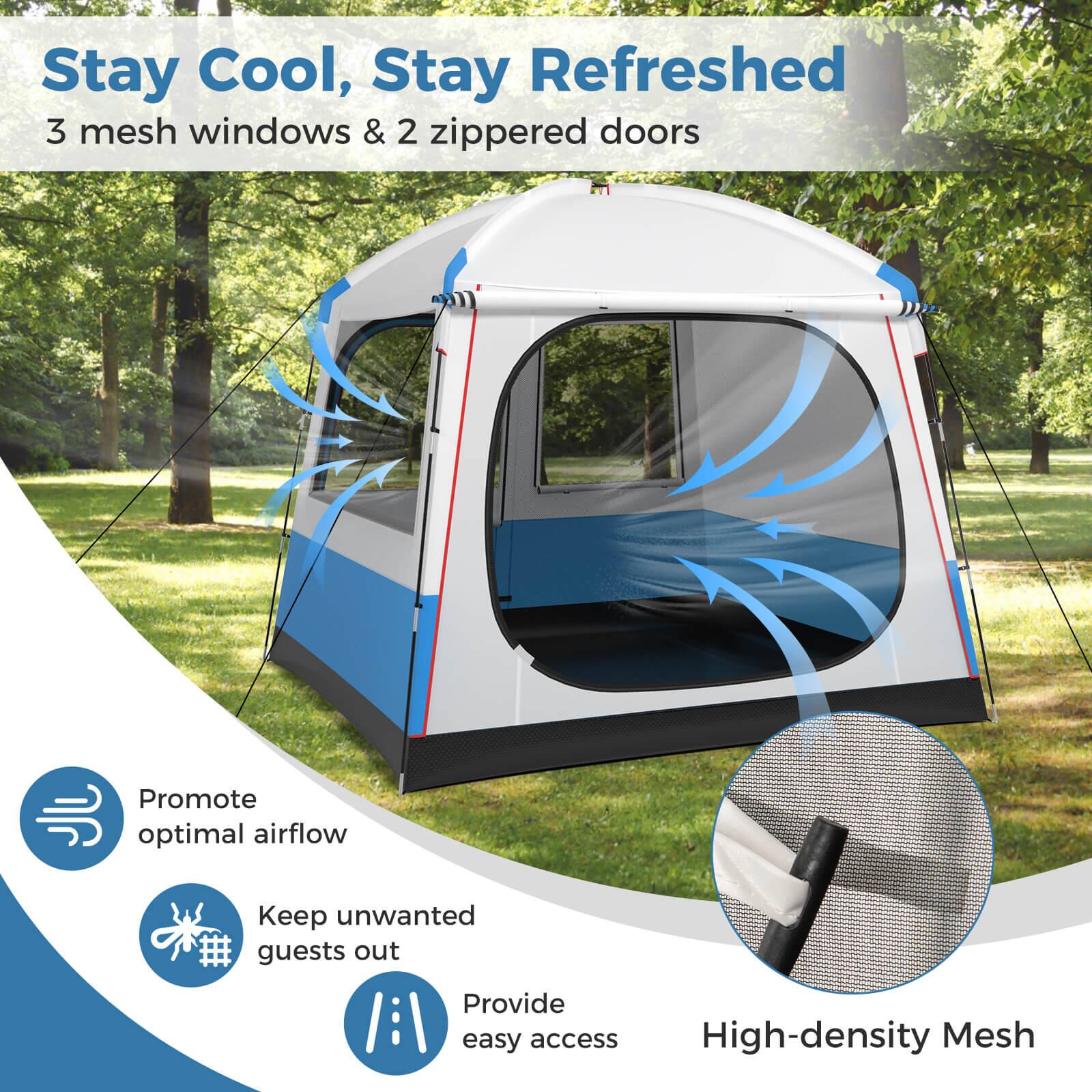 Stay Cool, Stay Refreshed: 3 mesh windows & 2 zippered doors. Promote optimal airflow, keep unwanted guests out, provide easy access, high-density mesh.