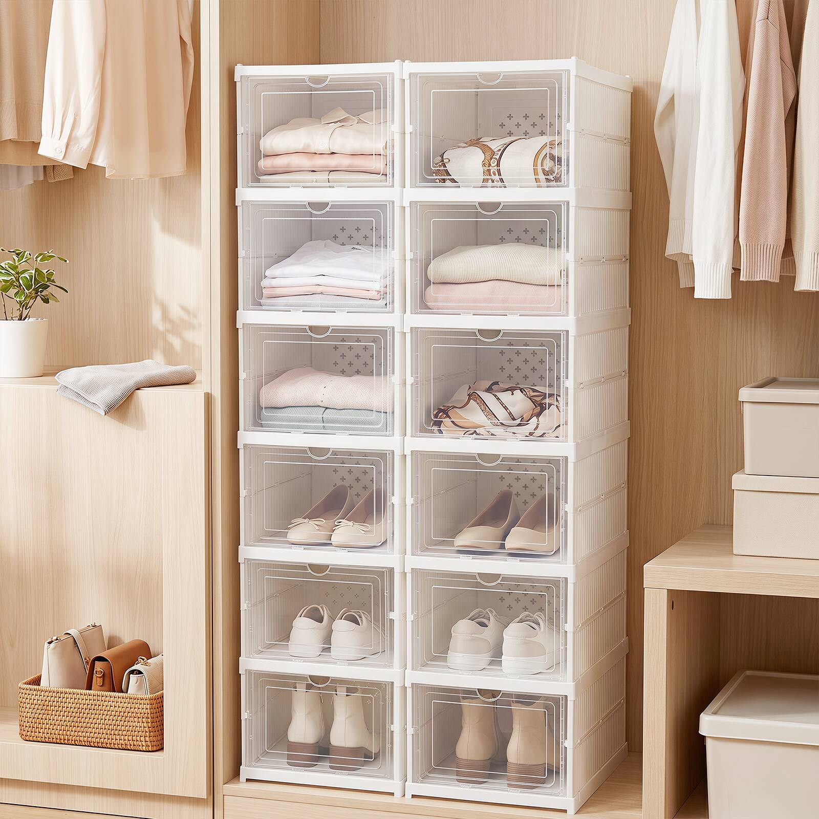 Alt View 3. Costway - Costway 6-Tier Shoe Organizer Set of 2 Folding Sneaker Storage Boxes Flip Door Shoe Rack - White & Transparent.