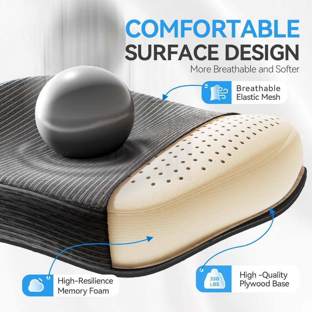 COMFORTABLE SURFACE DESIGN  
More Breathable and Softer  
Breathable Elastic Mesh  
High-Resilience Memory Foam  
350 LBS  
High-Quality Plywood Base