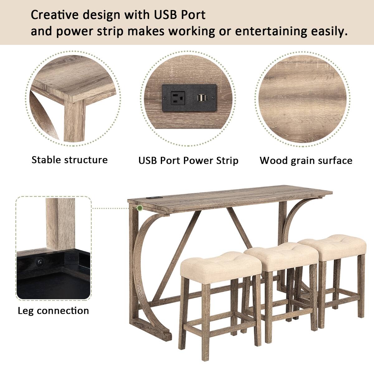 Creative design with USB Port and power strip makes working or entertaining easily.

- Stable structure
- USB Port Power Strip
- Wood grain surface
- Leg connection