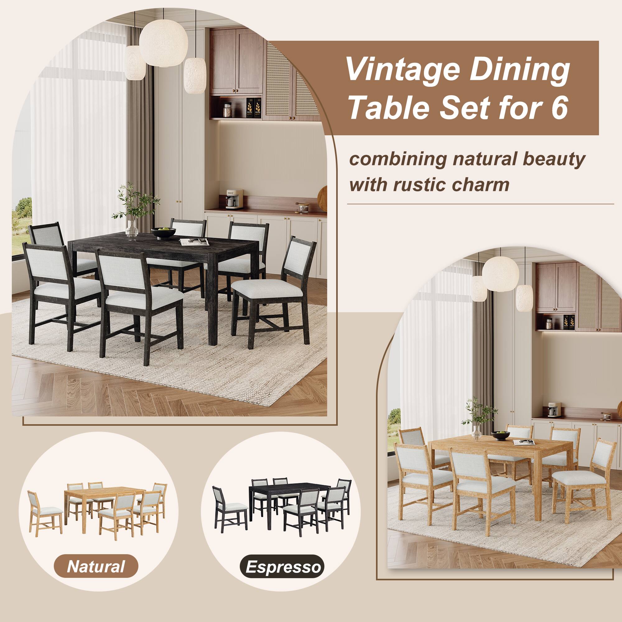 TinyHomie 7 Piece Retro Dining Table Set for 6 1 Rectangular Wood ...