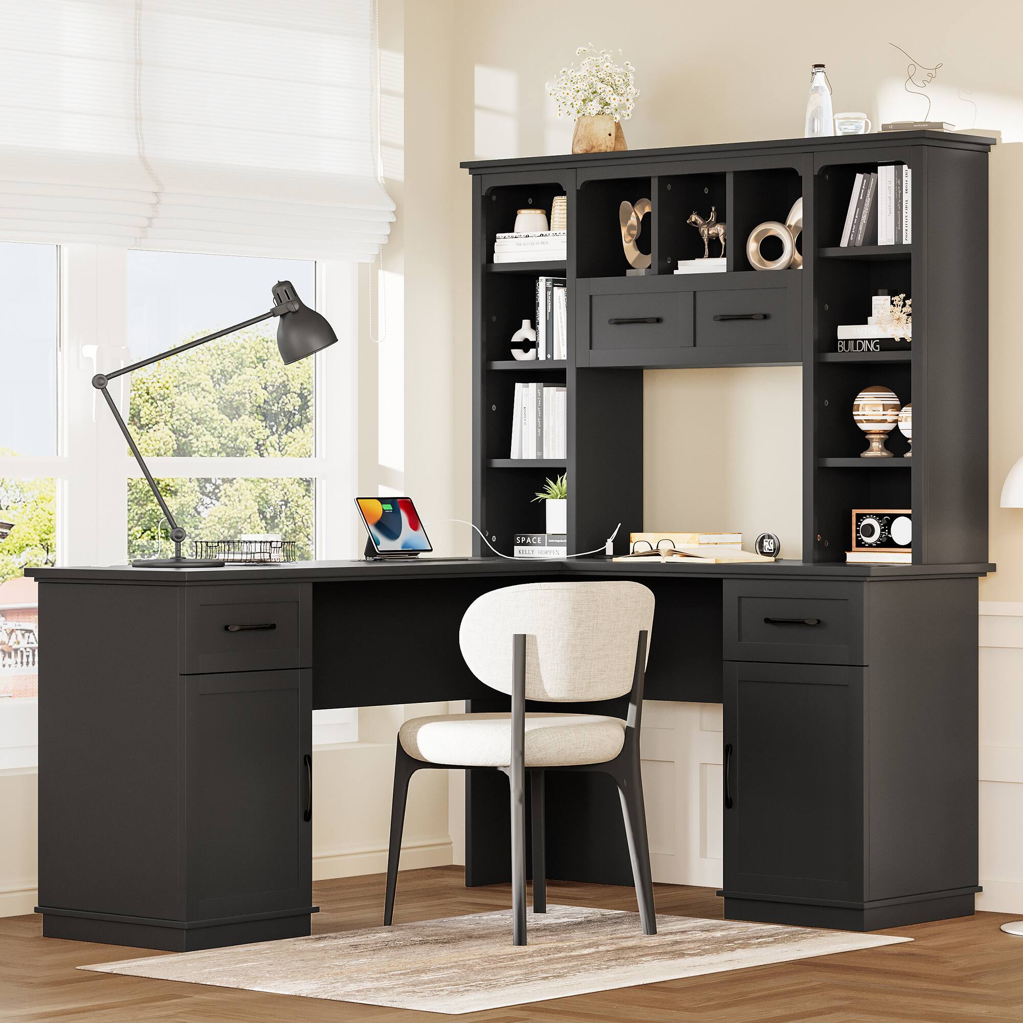 GOODSILO - L-Shaped Computer Desk with Cabinets, Drawers & Shelves, Electrical Outlet for Study, Living Room & Office - Black