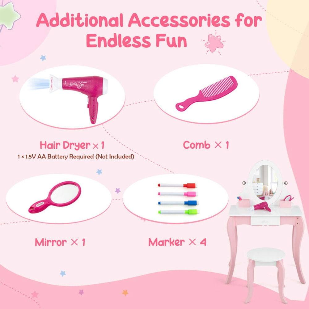 Additional Accessories for Endless Fun

- Hair Dryer x 1
  - 1 x 1.5V AA Battery Required (Not Included)
- Comb x 1
- Mirror x 1
- Marker x 4