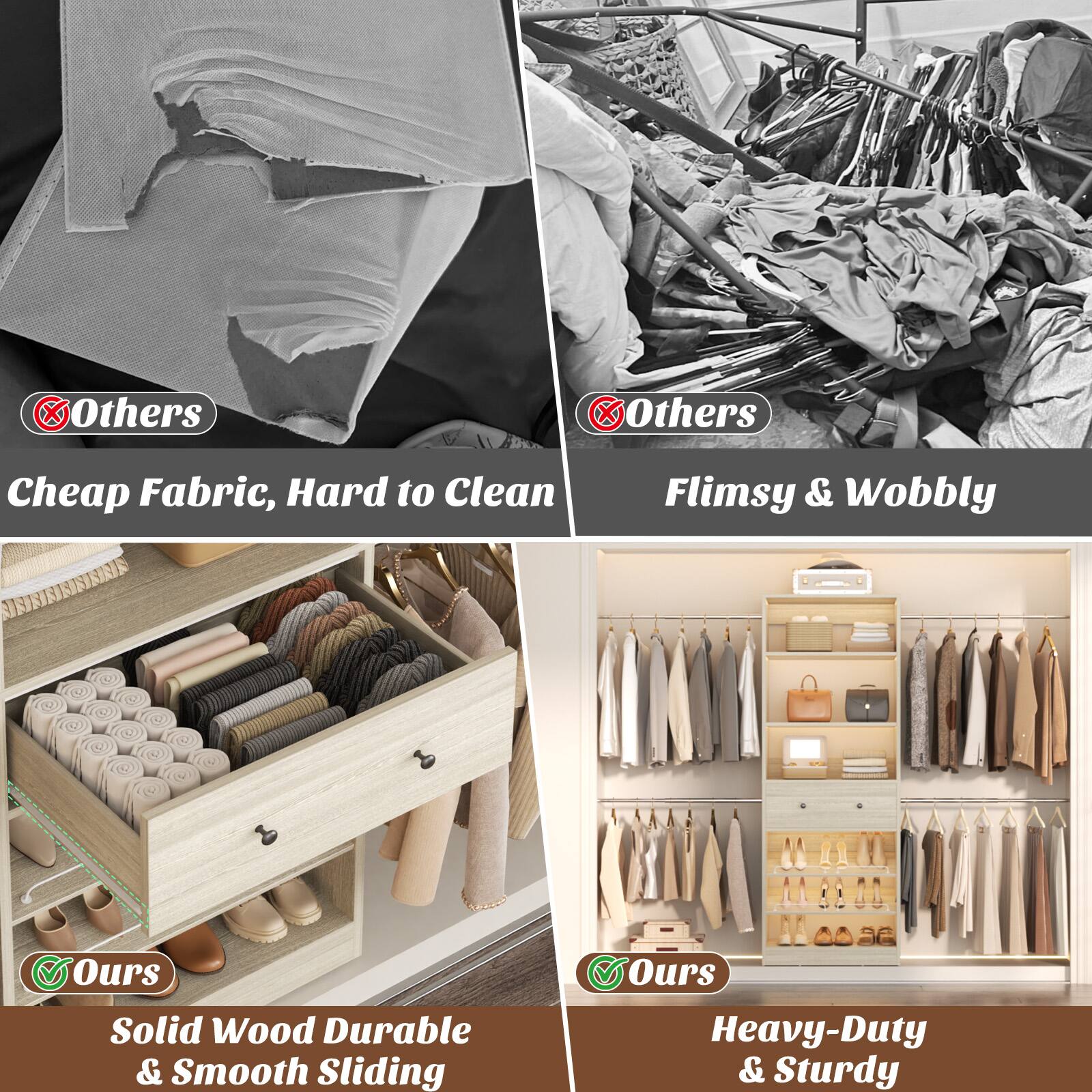 Others: Cheap Fabric, Hard to Clean  
Others: Flimsy & Wobbly  
Ours: Solid Wood Durable & Smooth Sliding  
Ours: Heavy-Duty & Sturdy