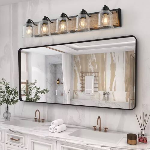 Back. LUCKY ONE - 40in Wall Mount Vanity Light, 5-Light Farmhouse Black Wood Sconce with Seeded Glass Shades - Black.