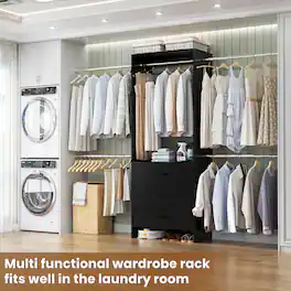 Aheaplus - Closet Organizer System with 3 Wood Drawers & 4 Hanging Rods – Walk-in Wardrobe Storage Rack - Black