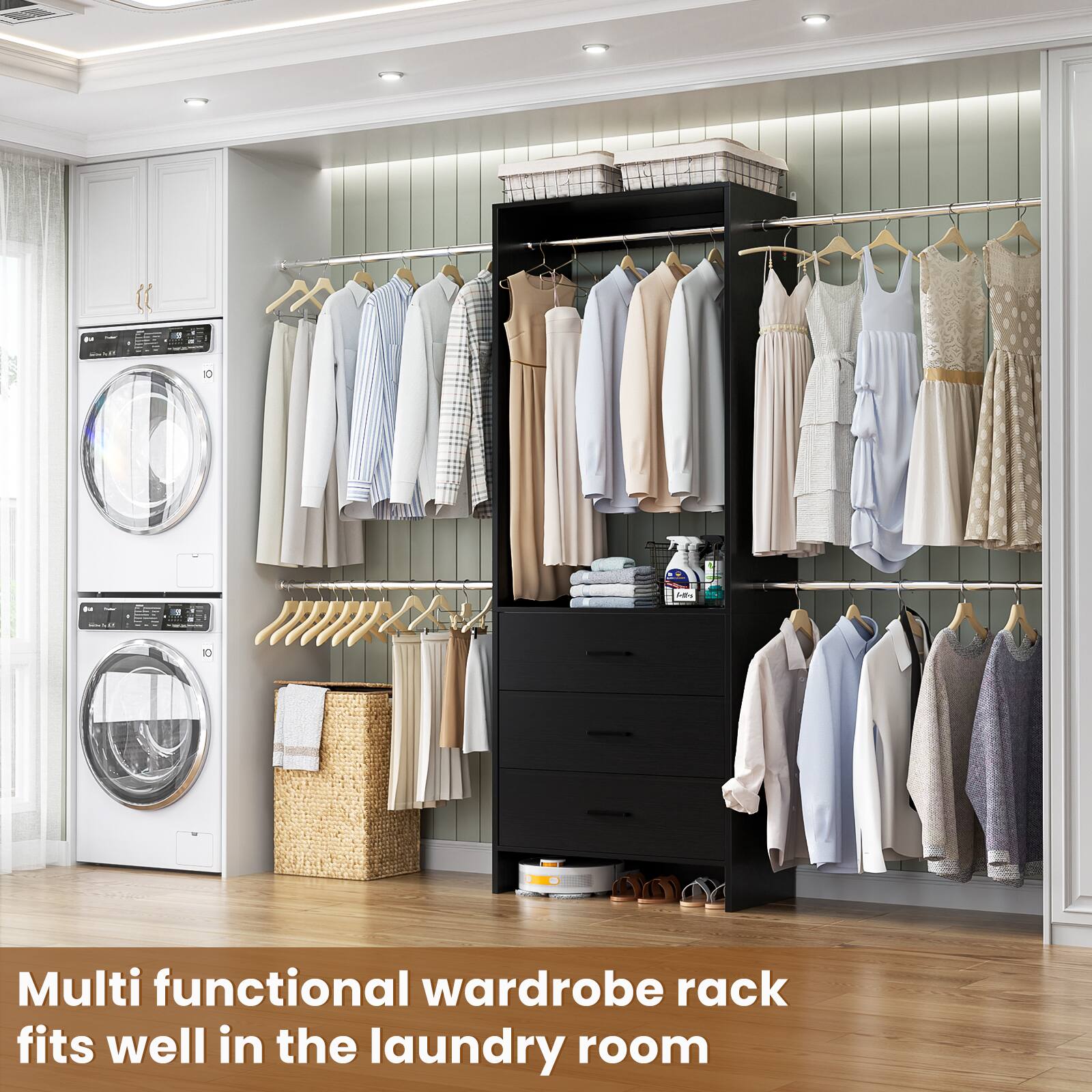 Multi functional wardrobe rack fits well in the laundry room
