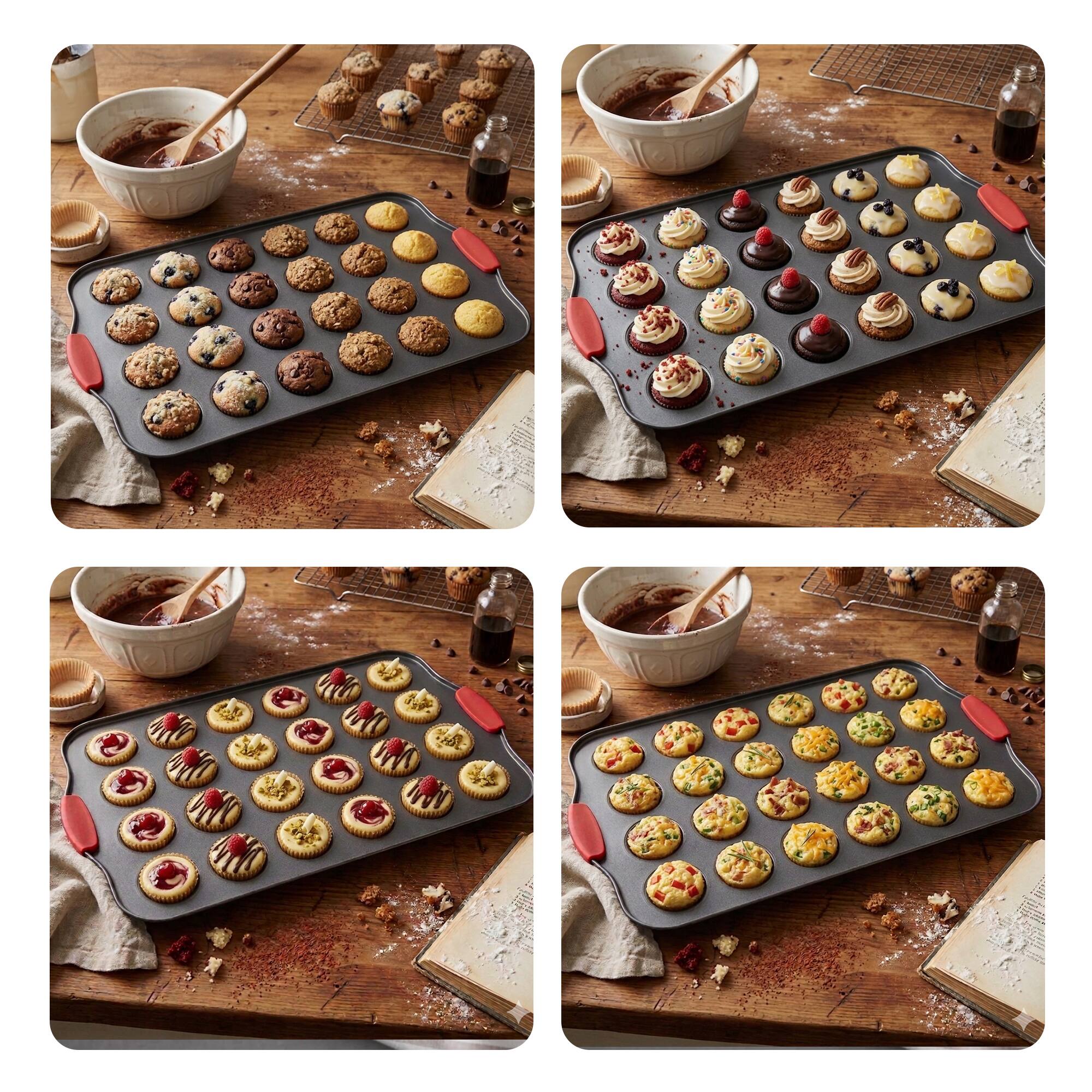 Alt View 3. Cheer Collection - 24-Cup Carbon Steel Mini Muffin Pans with Ceramic Nonstick Coating and Silicone Grips, 2-Pack - Black.