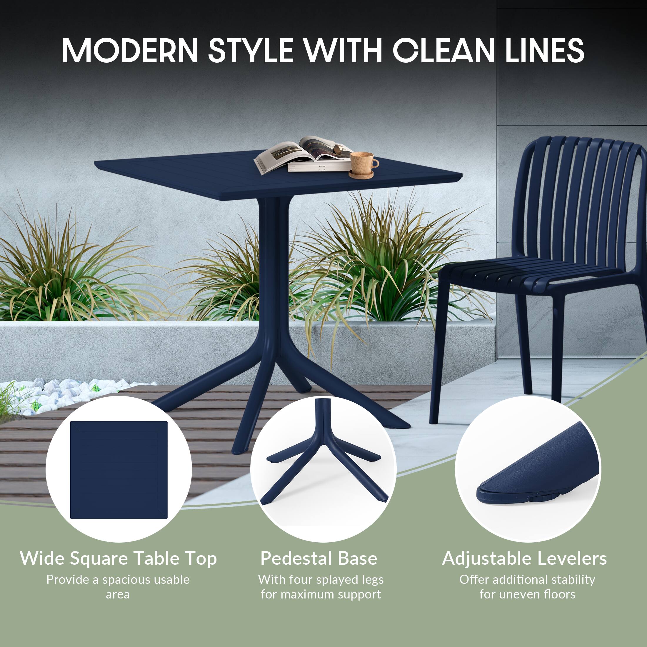 MODERN STYLE WITH CLEAN LINES

Wide Square Table Top
Provide a spacious usable area

Pedestal Base
With four splayed legs for maximum support

Adjustable Levelers
Offer additional stability for uneven floors