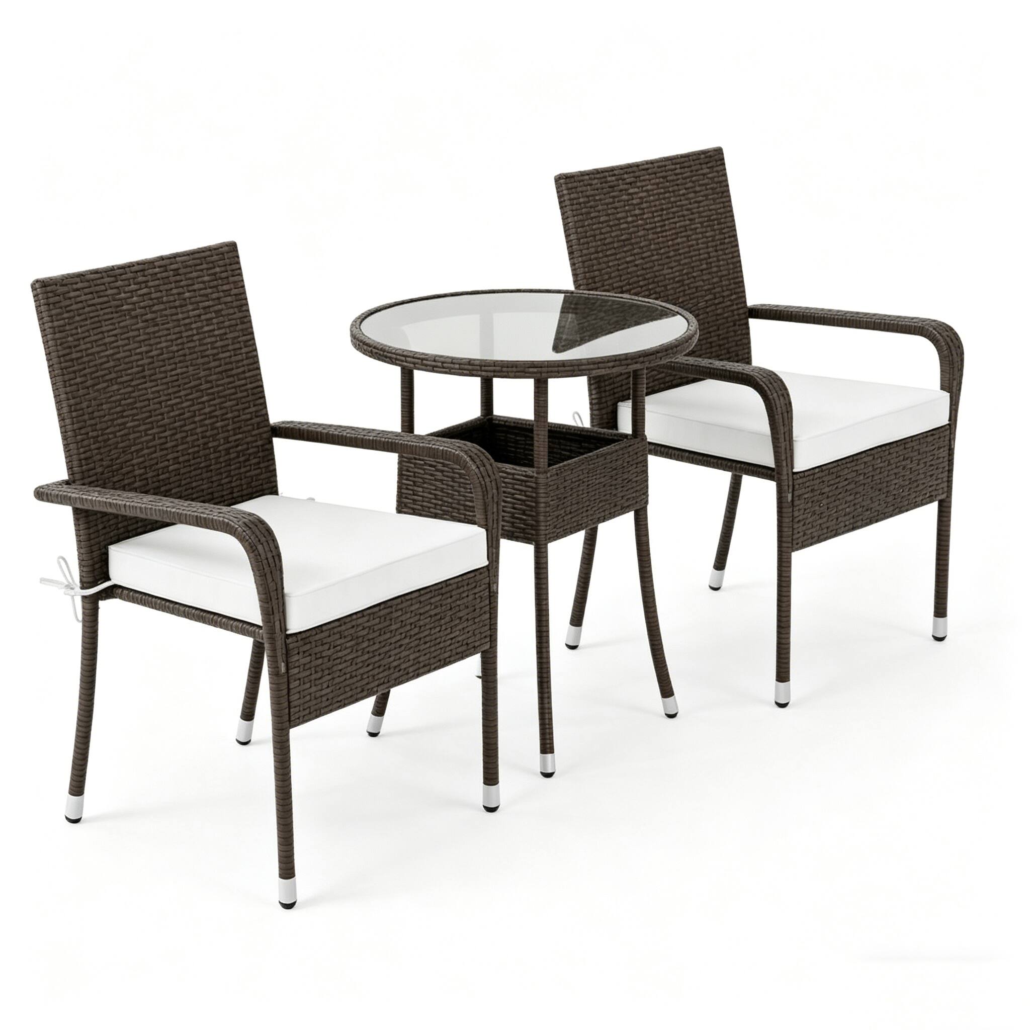 Left. Mondawe - 25x22.5x33 IN Freestanding PE Rattan Patio Set with 2 Chairs and Table 3-Piece - Mix Brown+Beige.