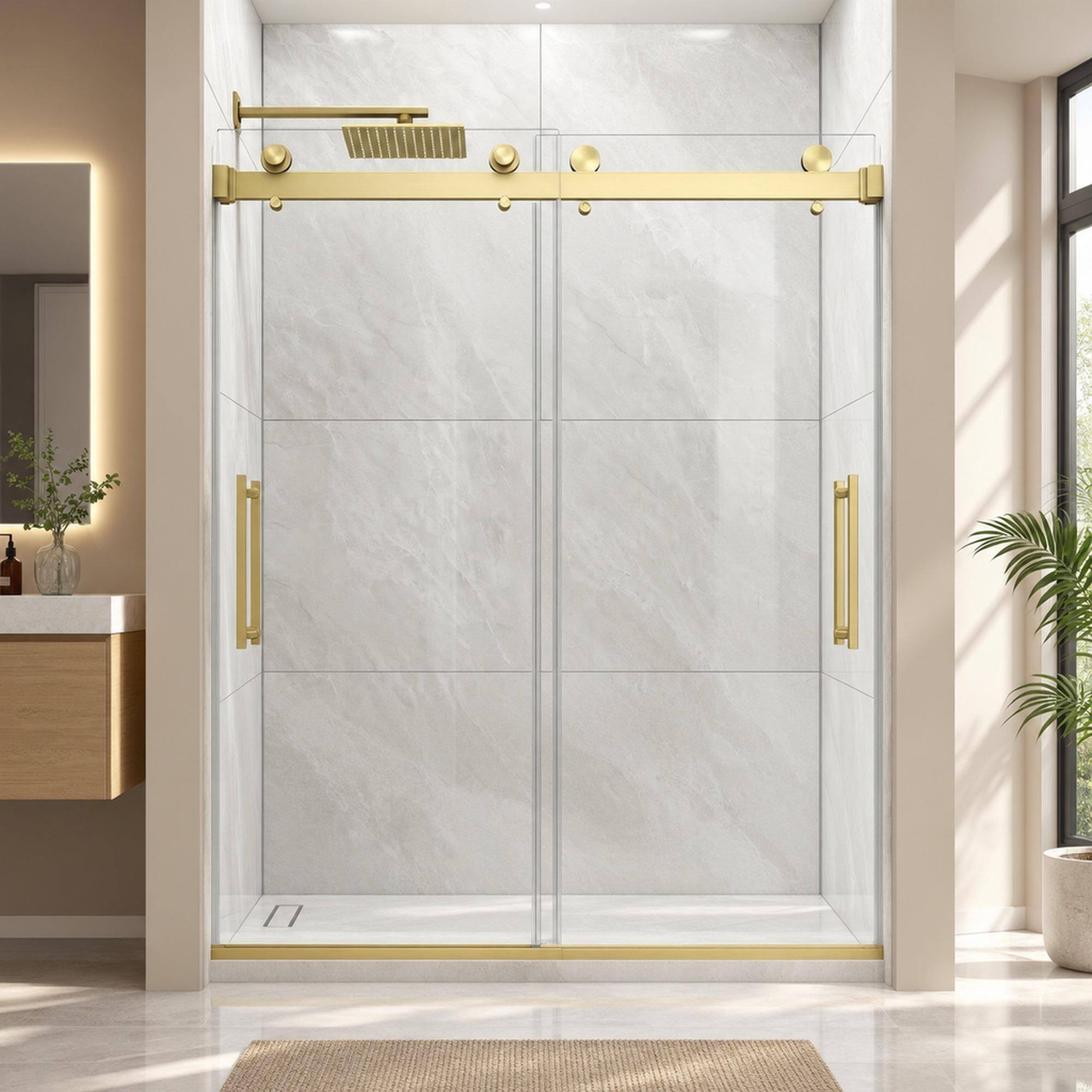 Front. RYHNUYNE - 43-48 In W X 76 In H Double Bypass Sliding Shower Door, 5/16 In Clear Tempered Glass With Nano Film Brushed Gold Finish - Brushed Gold.