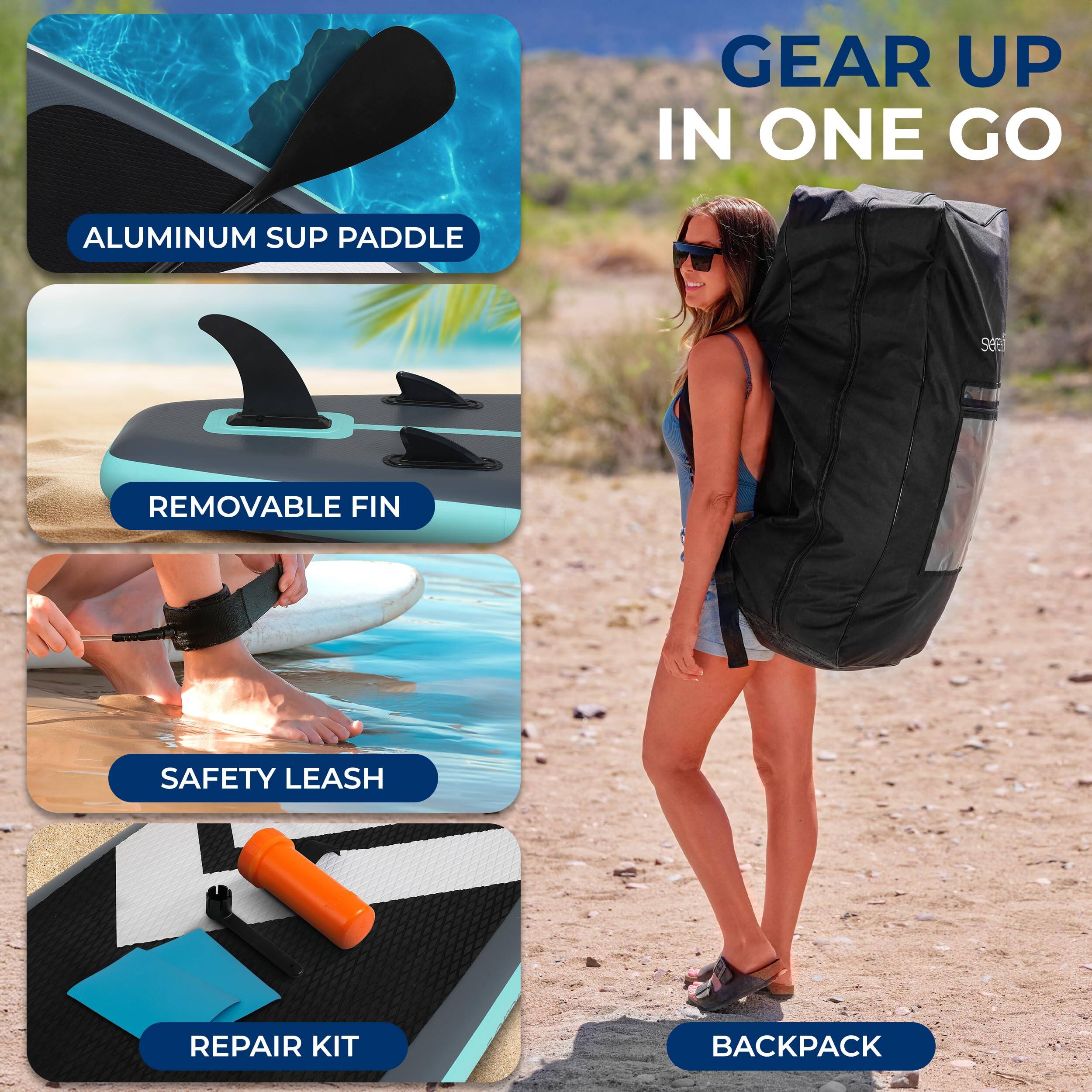 GEAR UP IN ONE GO

- ALUMINUM SUP PADDLE
- REMOVABLE FIN
- SAFETY LEASH
- REPAIR KIT
- BACKPACK