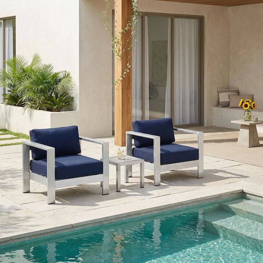 Angle. Outdoor Escape - Outdoor Patio Aluminum Furniture Set - Comfortable Seat Cushions, Modern Design - Silver.