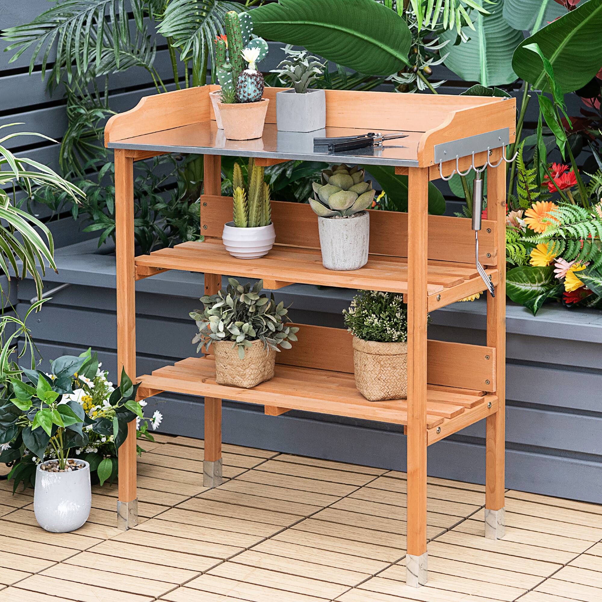 Alt View 3. Costway - Garden Wooden Potting Bench Work Station Table Tool Storage Shelf W/Hook - Natural.