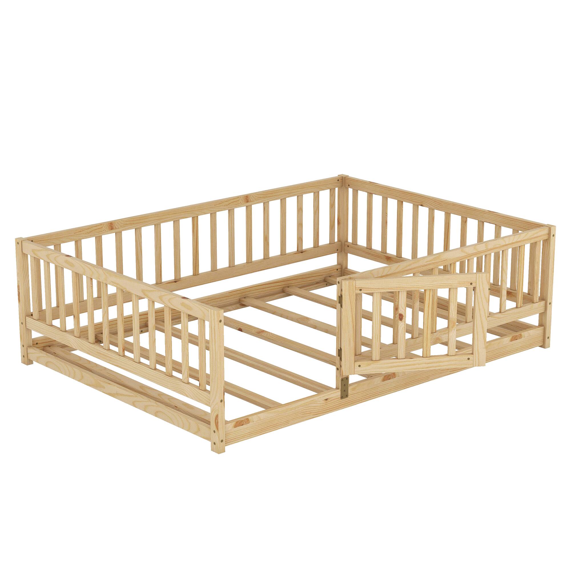 Alt View 7. Tiramisubest - Full Size Floor Bed with Slats, Floor Bed with Fence and Door, Kids Bed Full Size, Wood Floor Bed for Kids, Girls, Boys - Natural.