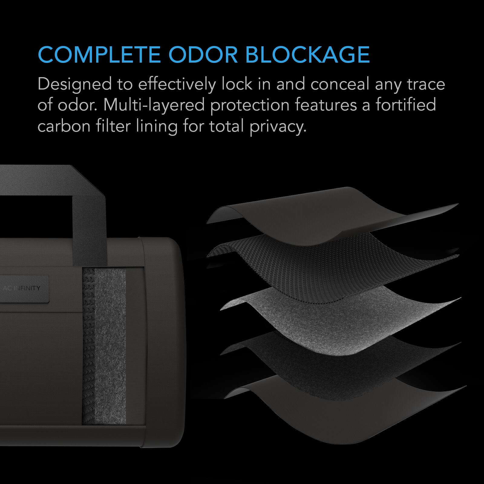 COMPLETE ODOR BLOCKAGE  
Designed to effectively lock in and conceal any trace of odor. Multi-layered protection features a fortified carbon filter lining for total privacy.  
AC INFINITY