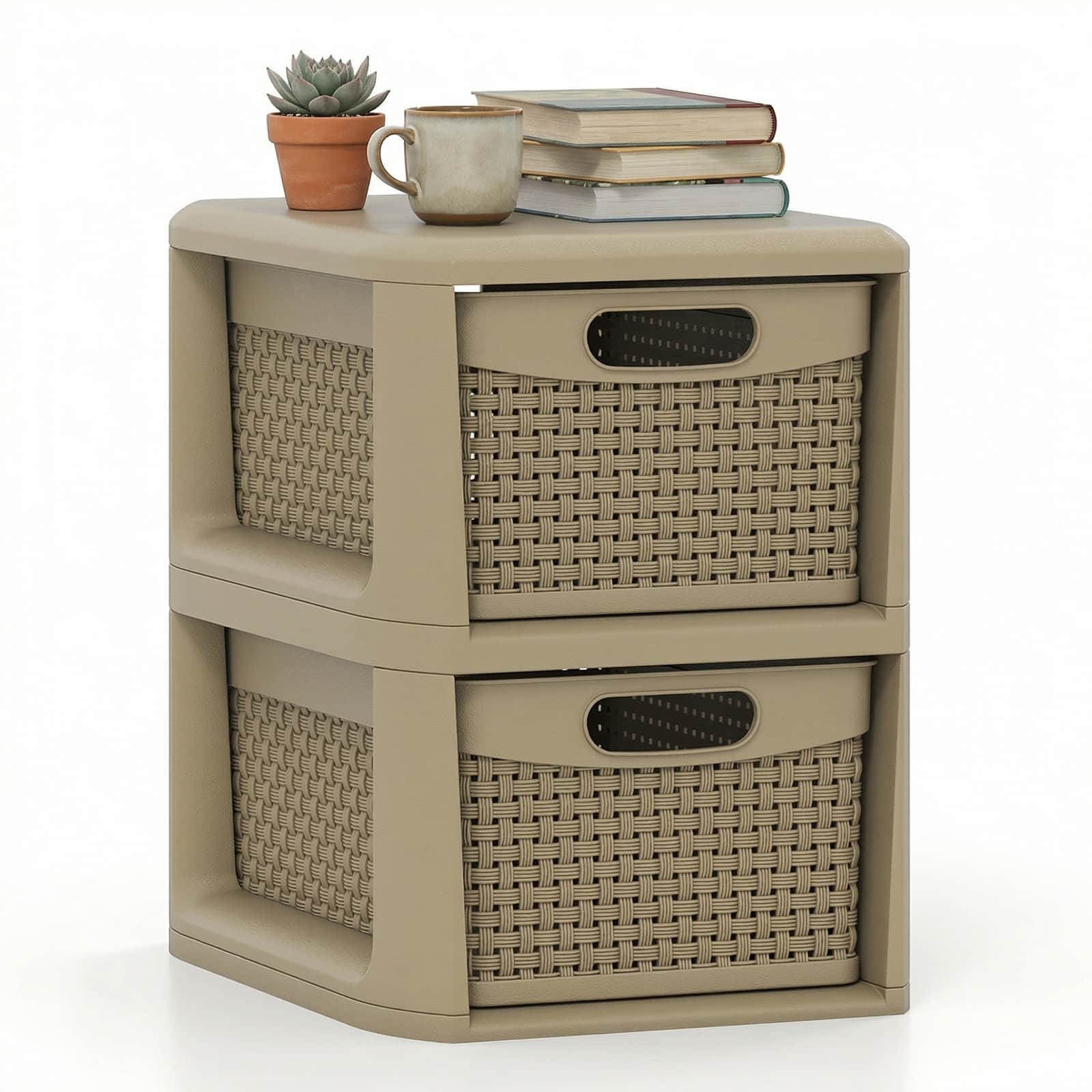 Costway - 1 PCS 2-Drawer Storage File Organizer Box with Wicker Patterns, Handles for Bedroom, Bathroom - Tan
