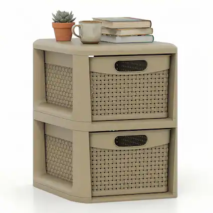 Front. Costway - Costway 1 PCS 2-Drawer Storage File Organizer Box with Wicker Patterns, Handles for Bedroom, Bathroom - Tan.