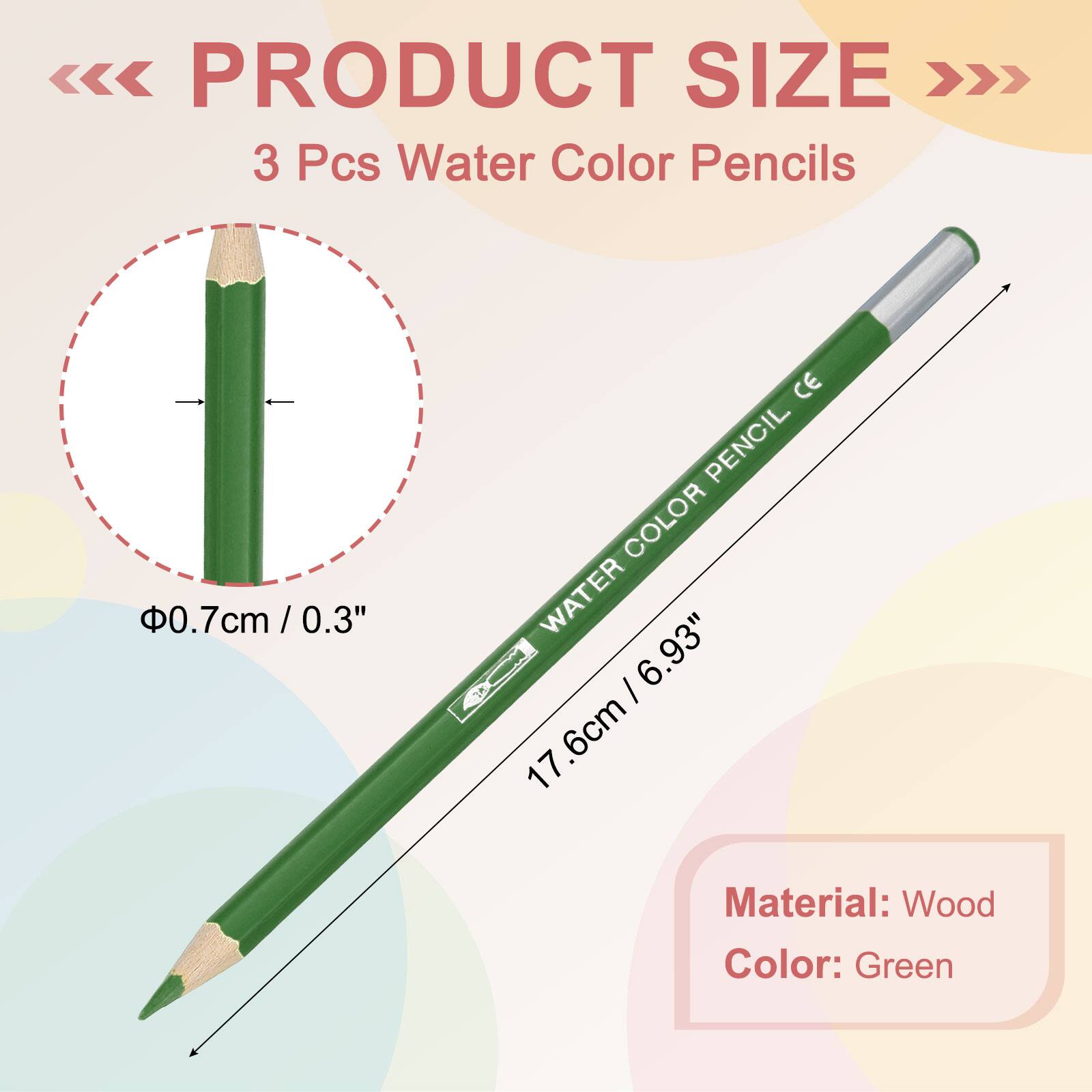 PRODUCT SIZE

3 Pcs Water Color Pencils

0.7cm / 0.3"

17.6cm / 6.93"

Material: Wood

Color: Green
