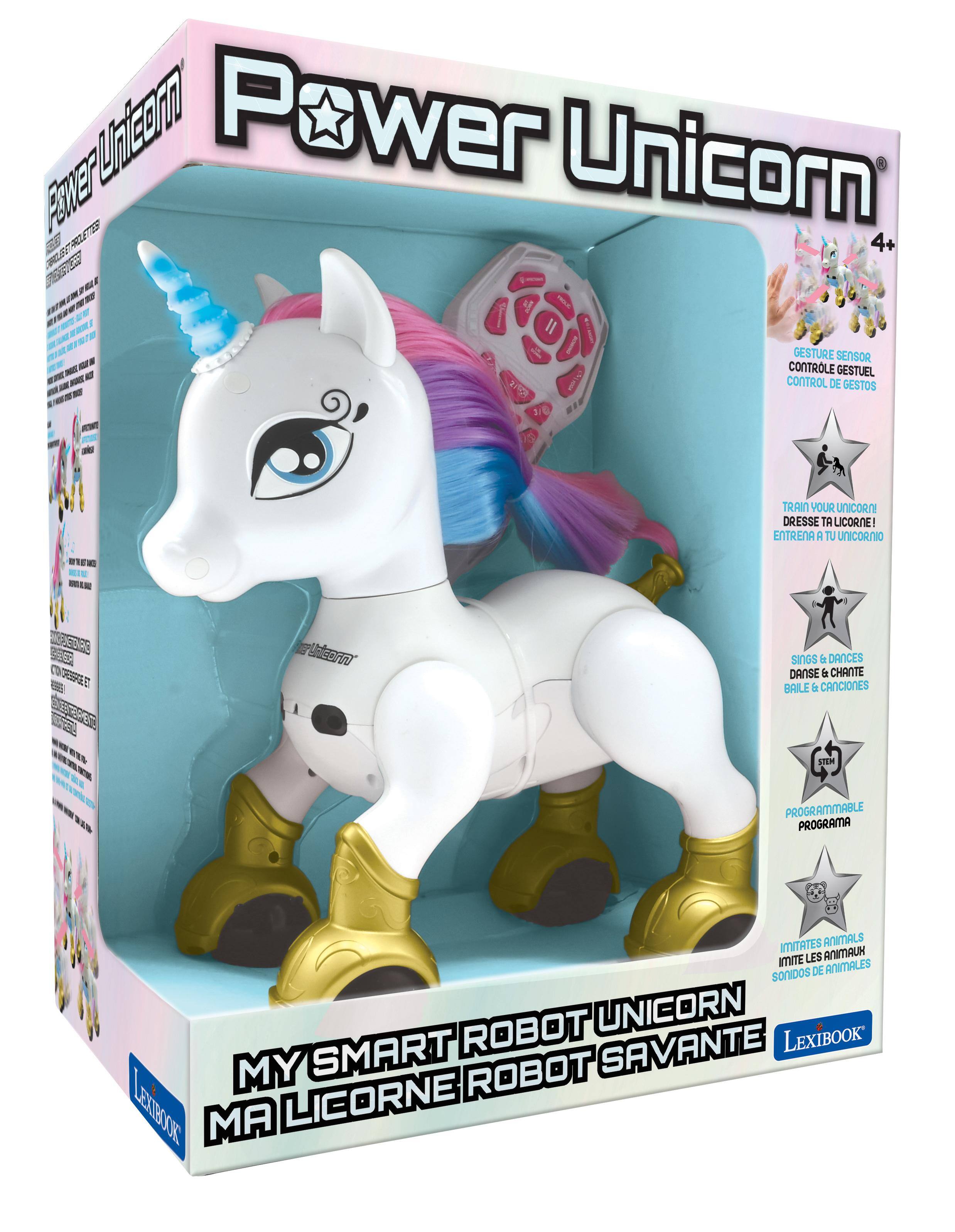 PESDER Unizeom Power Unicorn FBC EST ESTRICUETTES 1220 4+ ENERGY Il GESTURE SENSOR CONTROLE GESTUEL CONTROL DE GESTOS

TRAIN YOUR UNICORN! DRESSE TA LICORNE! ENTRENA A TU UNICORNIO

ANGENETZARE (10 ET

Unizorn

SINGS & DANCES DANSE & CHANTE BAILE & CANCIONES

STD

PROGRAMMABLE PROGRAMA

IMITATES ANIMALS IMITE LES ANIMAUX SONIDOS DE ANIMALES

ROBOT UNICORN LEXIBOOK MY SMART ROBOT SAVANTE LEXIBOOK MA LICORNE