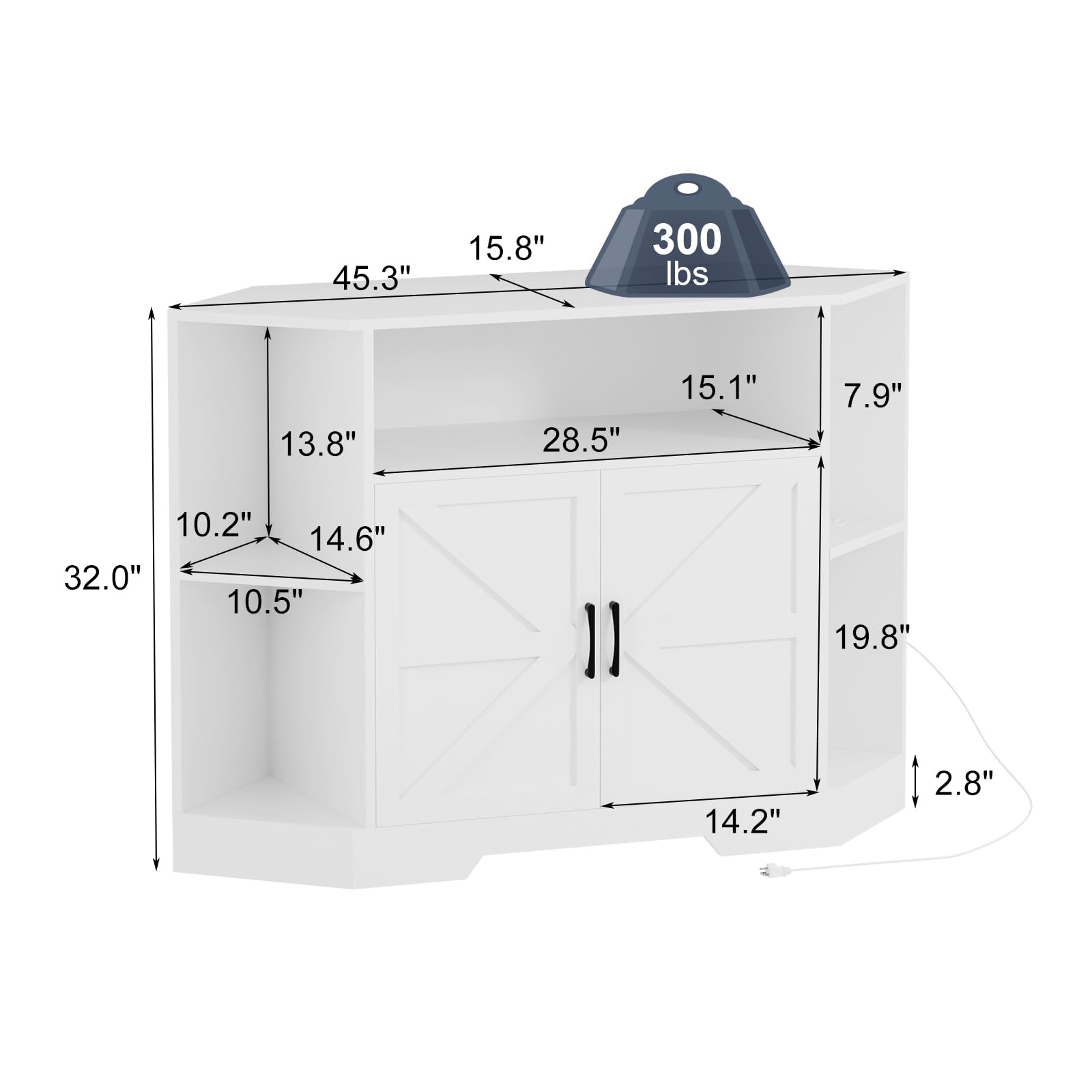 45.3" x 15.8" x 300 lbs  
13.8" x 28.5" x 15.1"  
7.9" x 10.2" x 14.6"  
32.0" x 10.5" x 19.8"  
14.2" x 2.8"