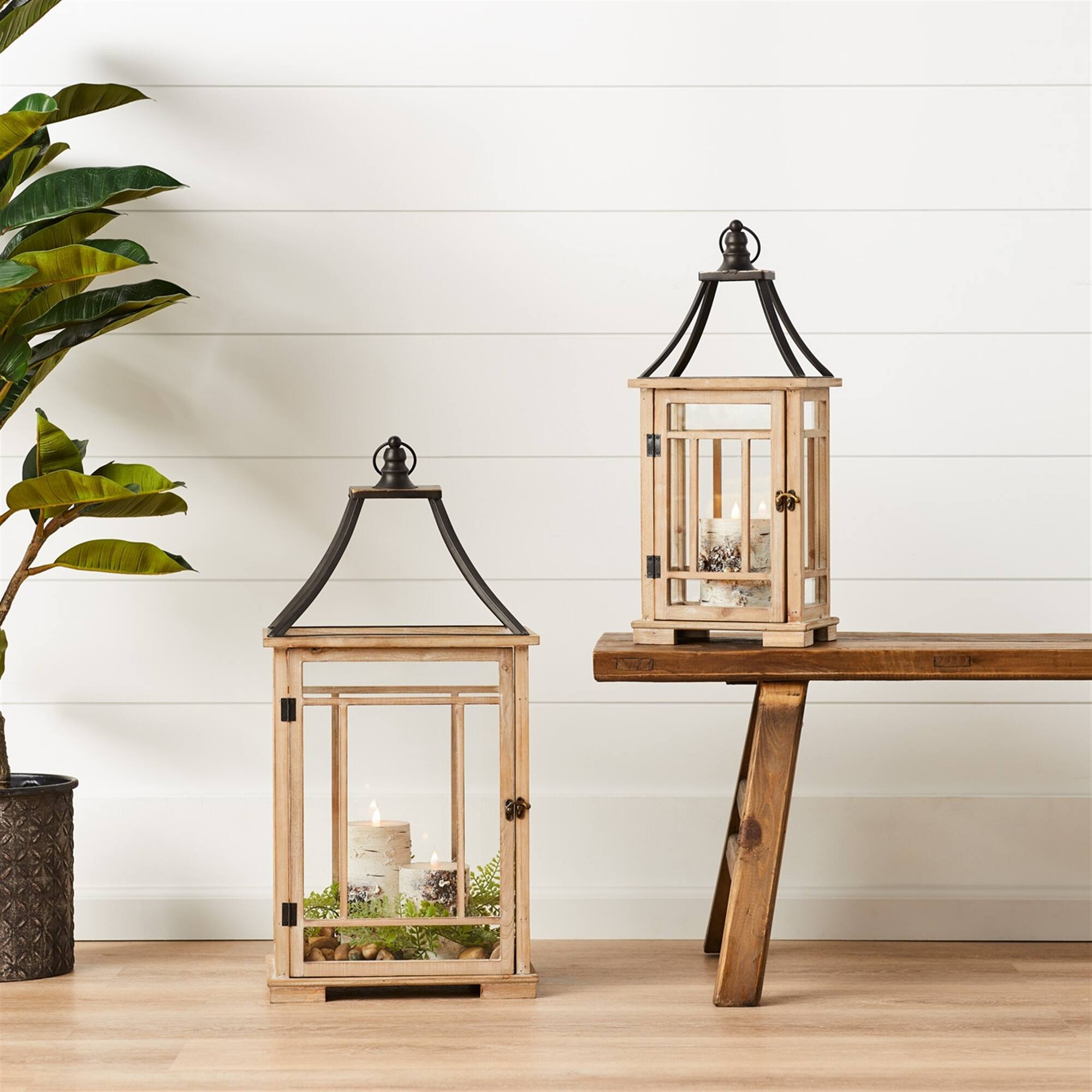 Alt View 1. BreeBe - Natural Wood Lantern with Open Metal Lid (Set of 2) - Black, Brown.