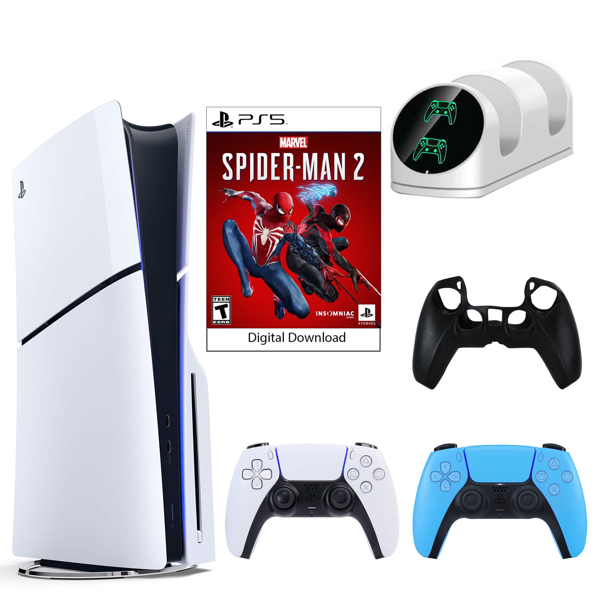 PS5 SpiderMan 2 Console with Blue Dualsense Controller, Dual Charging Dock and Silicone Sleeve - PlayStation 5