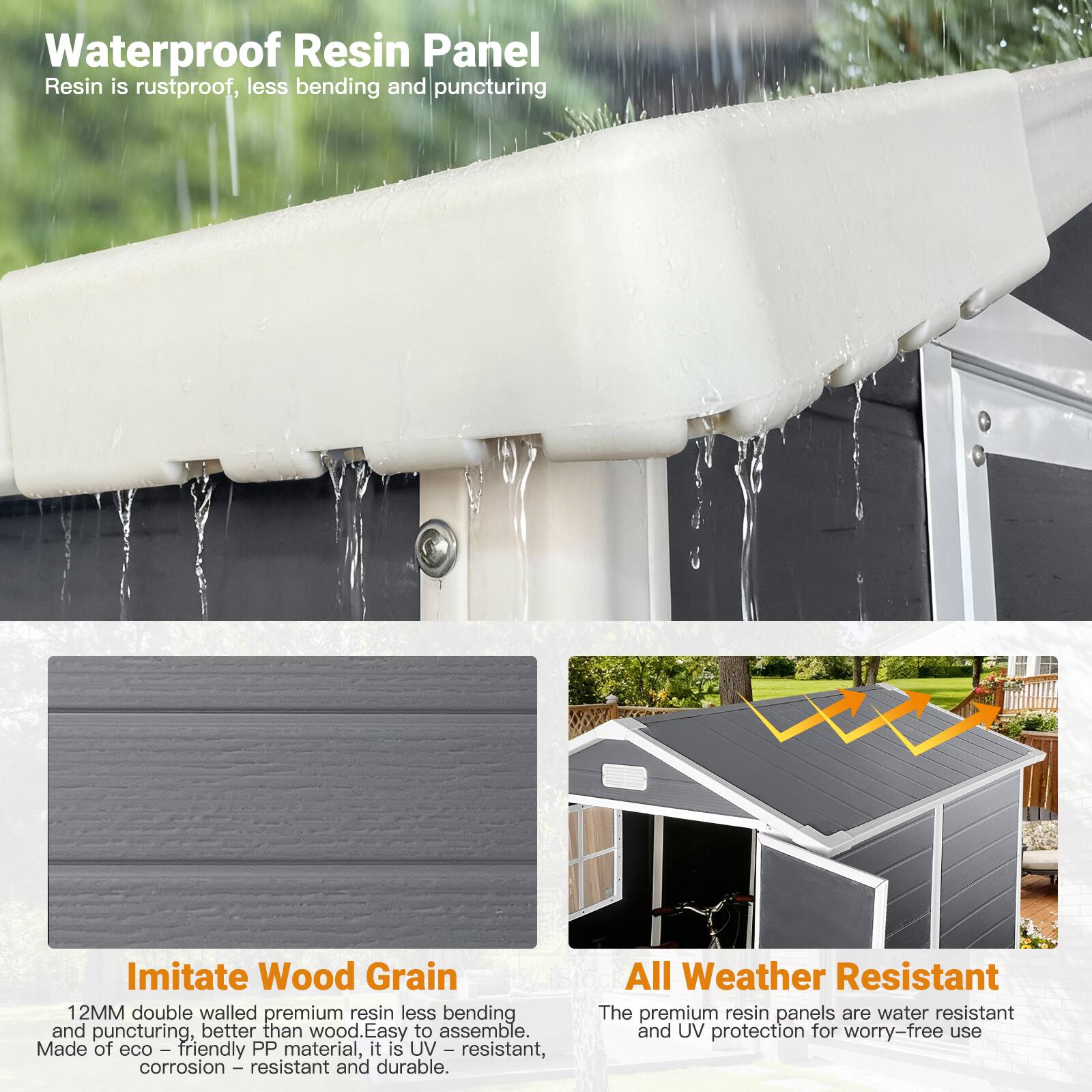 Waterproof Resin Panel  
Resin is rustproof, less bending and puncturing

Imitate Wood Grain  
12MM double walled premium resin, less bending and puncturing, better than wood. Easy to assemble. Made of eco-friendly PP material, it is UV-resistant, corrosion-resistant, and durable.

All Weather Resistant  
The premium resin panels are water resistant and UV protection for worry-free use