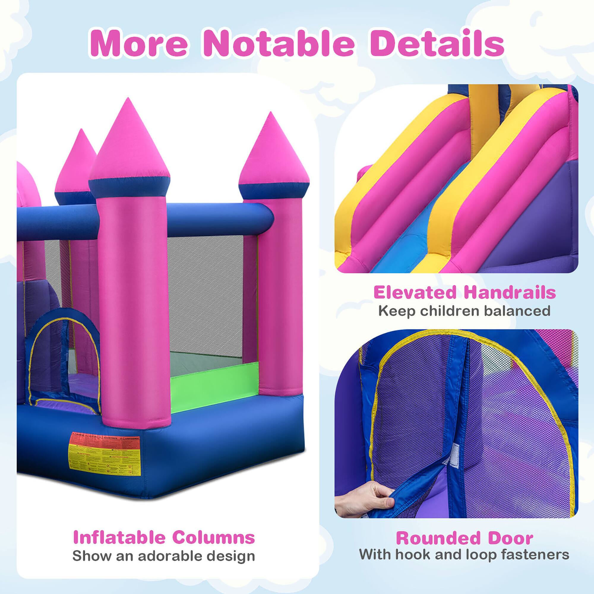 More Notable Details

Elevated Handrails  
Keep children balanced

Inflatable Columns  
Show an adorable design

Rounded Door  
With hook and loop fasteners