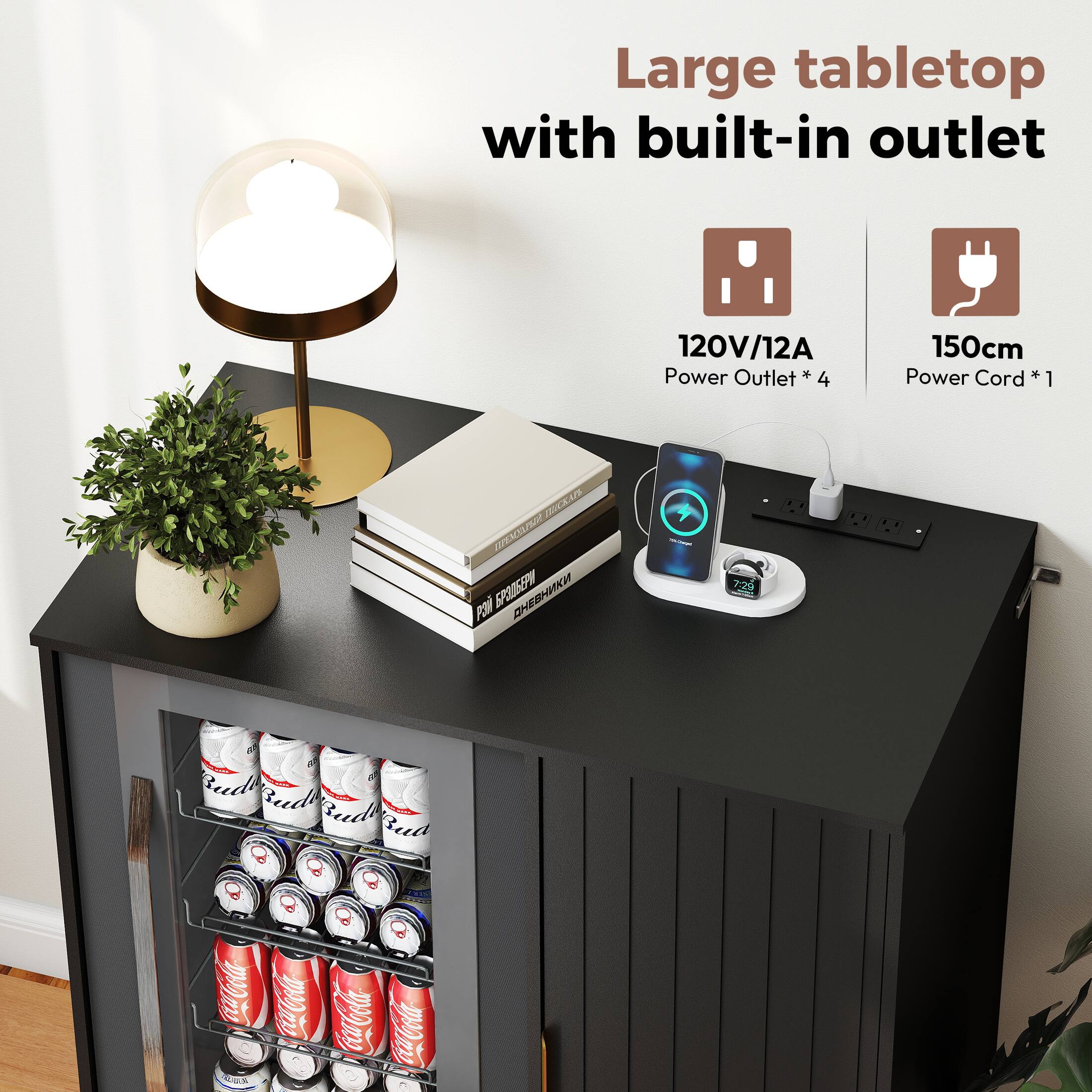 Large tabletop with built-in outlet  
120V/12A Power Outlet * 4  
150cm Power Cord * 1