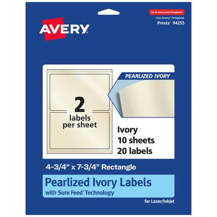 Go to avery.com/templates
AVERY
Use Avery Template Presta® 94255
PEARLIZED IVORY
2 labels per sheet
Ivory 10 sheets 20 labels
4-3/4" x 7-3/4" Rectangle
Pearlized Ivory Labels with Sure Feed® Technology for Laser/Inkjet