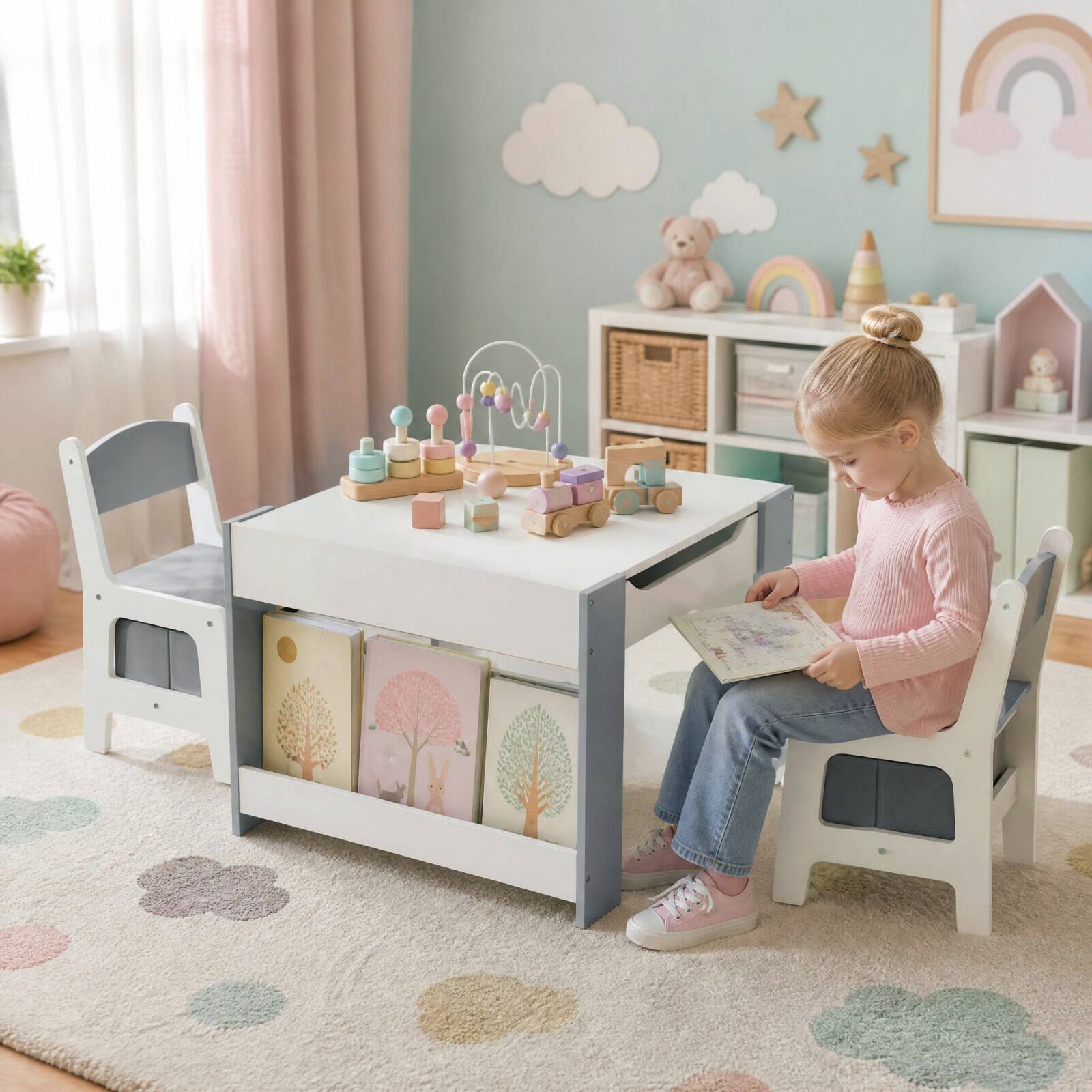 Alt View 1. Costway - Costway 4-in-1 Kids Table & Chair Set Toddler Wooden Activity Table with Side Bookshelves Gray - Gray.
