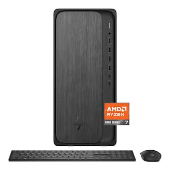 The image features a black computer tower, likely an AMD RYZEN 8000 SERIES 7, sitting on a desk. Next to the tower, there is a keyboard and a mouse. The keyboard is placed in front of the tower, while the mouse is positioned to the right of the keyboard. The combination of the computer tower, keyboard, and mouse suggests that this is a complete computer setup.