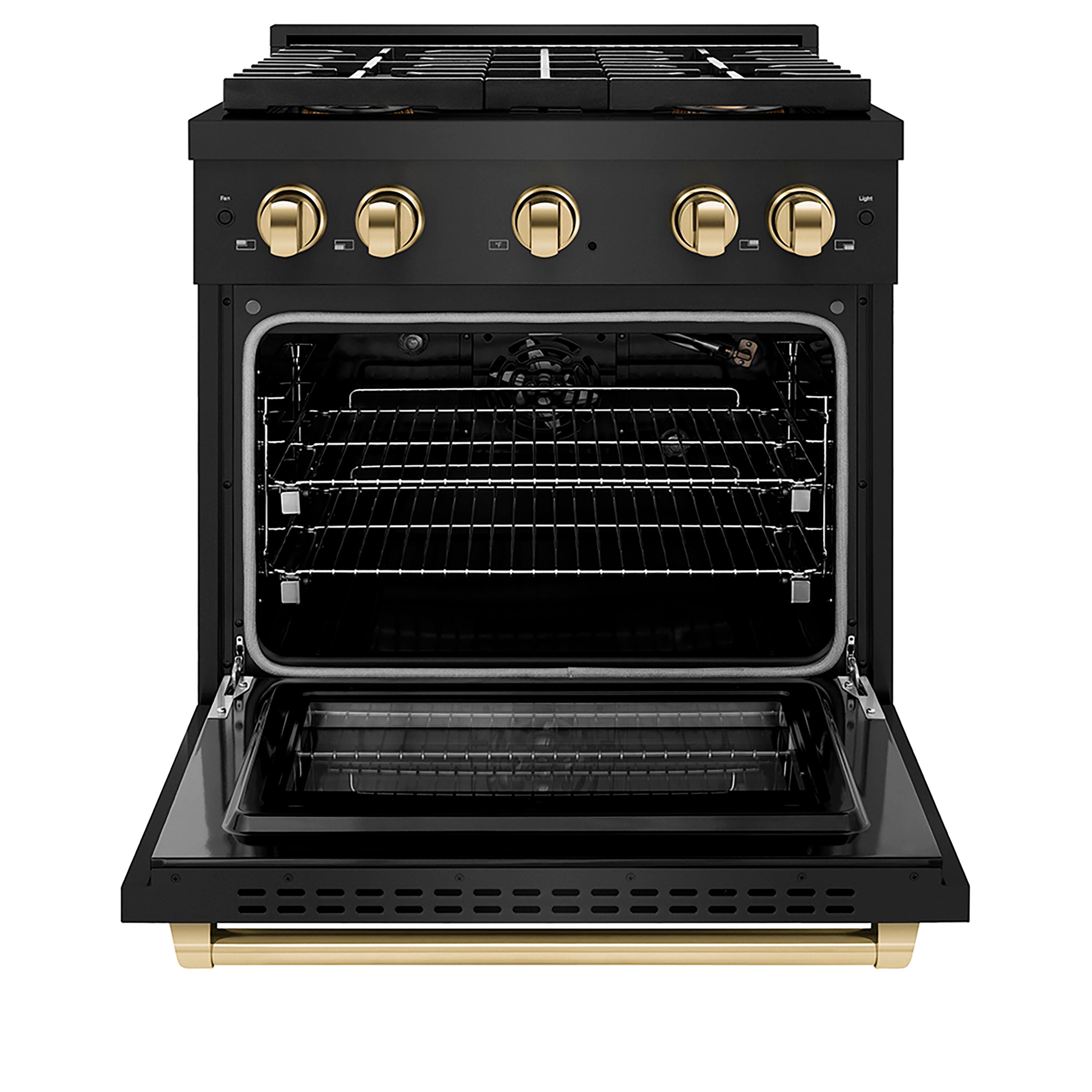 Angle. ZLINE - Autograph Edition 30 in. 4.2 cu. ft. Paramount Freestanding Gas DuoPro Range in Black Steel and Polished Gold Accents - Black Stainless Steel.